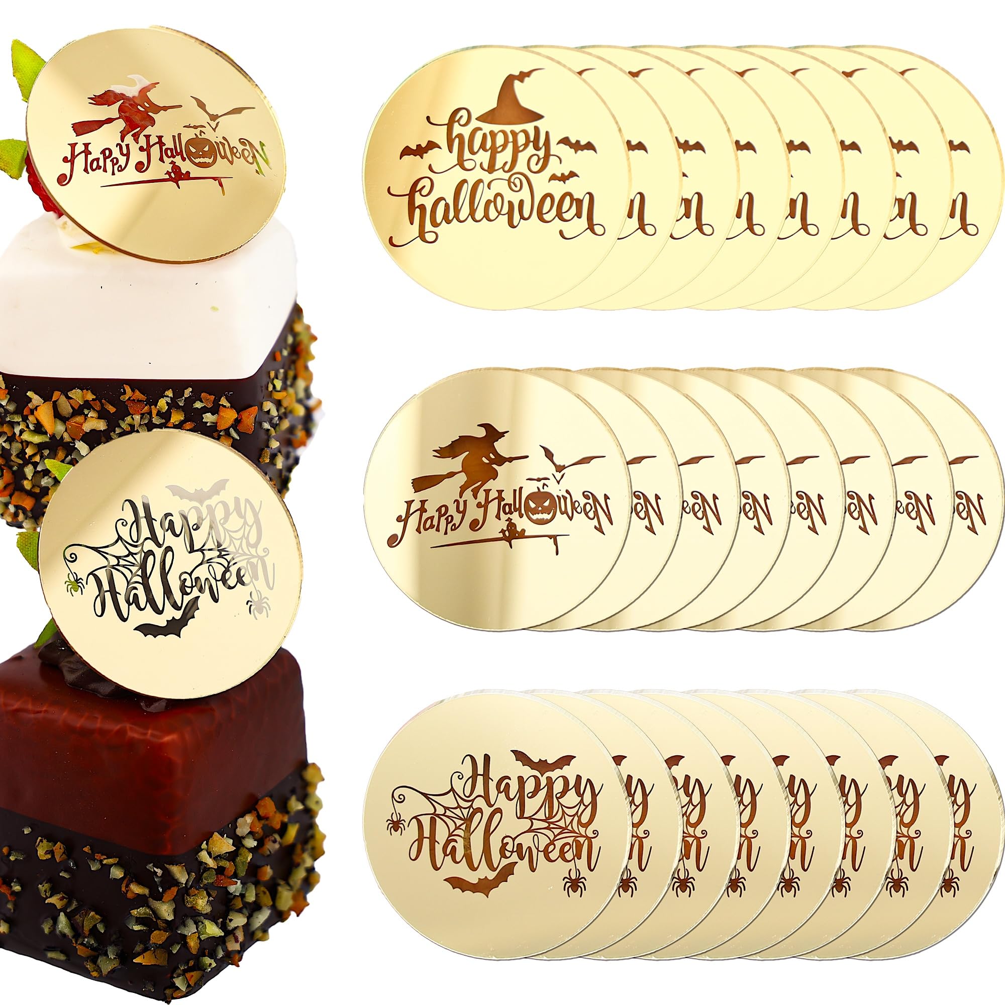 AiQi Bakes Halloween Gold Mirror Acrylic Cupcake Toppers 24pc