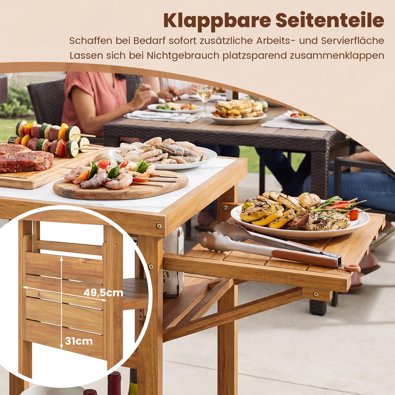 COSTWAY Grilltisch Outdoor, Campingtisch aus Akazienholz, Gartentisch mit 2 klappbaren Seitenablagen, 2 offene Ablage & Tischplatte in Marmoroptik, BBQ-Tisch für Grillen Camping Garten, Natur