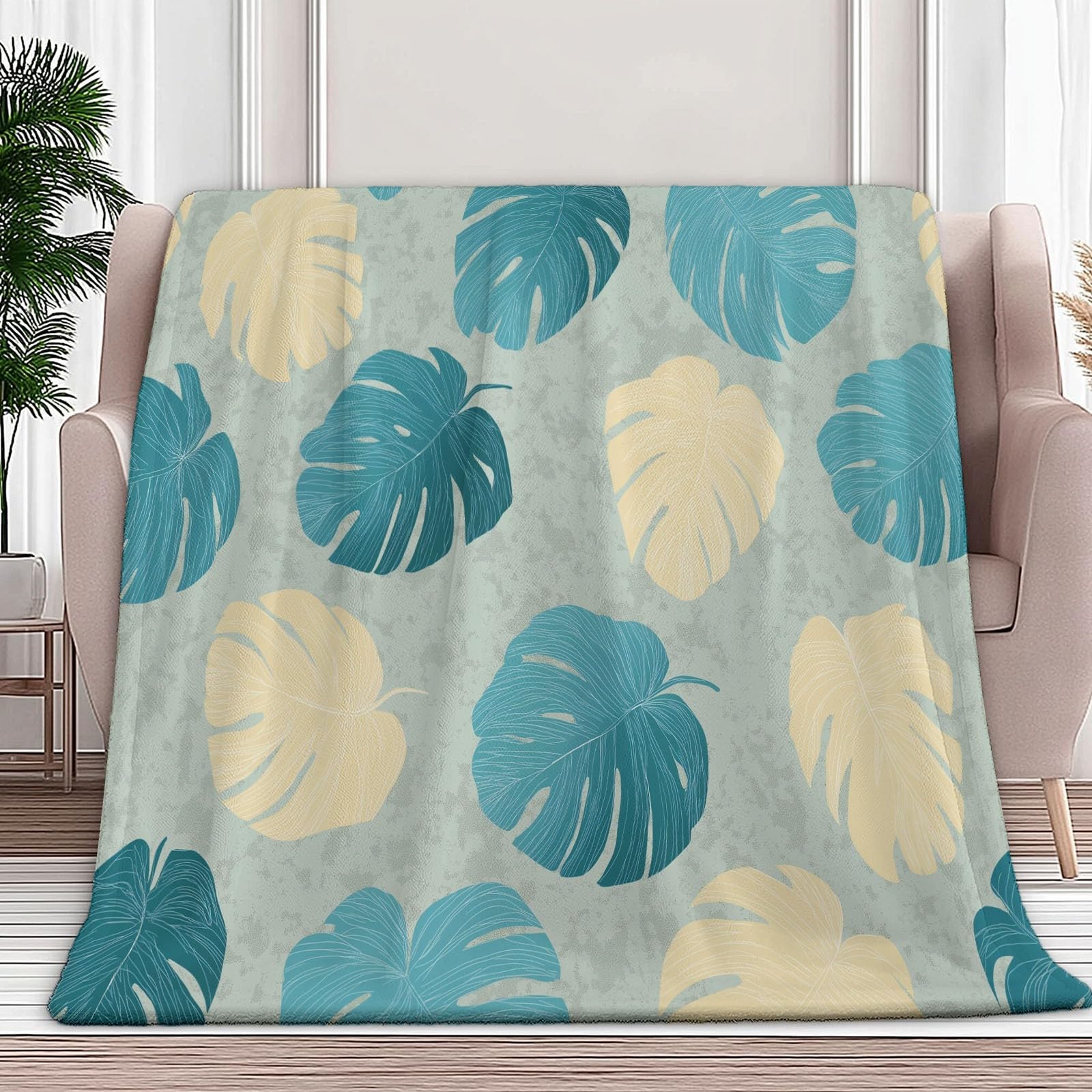 Vintage Monstera Flanelowy Koc Polarowy Liść Tekstura Krata, Narzuta na sofę Wygodny Dwuosobowy Koc na łóżko Zimowy pled 220 x 240 cm Kremowy