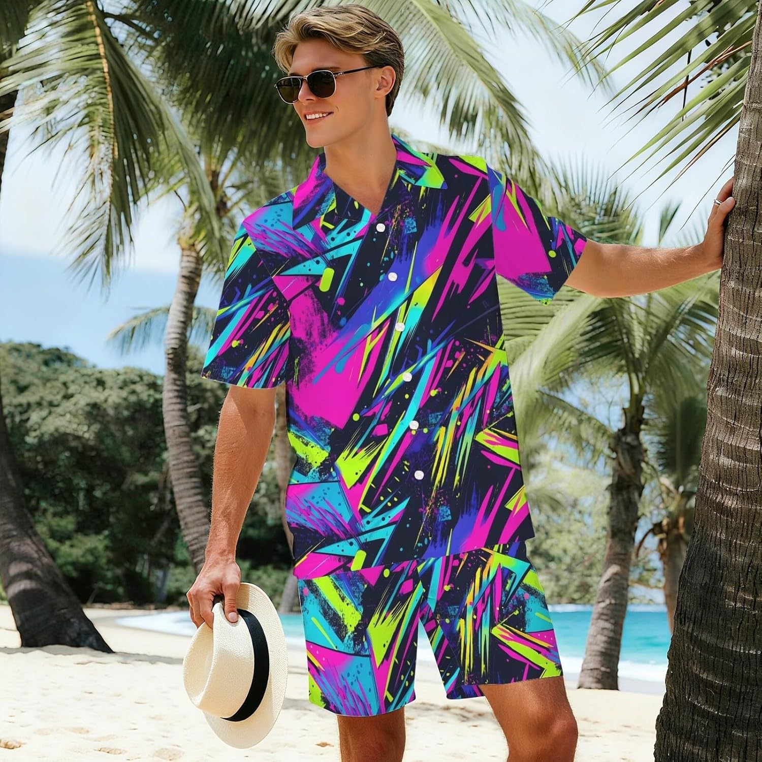 HUGLAZY Mens Funny Hawaiian Shirt and Shorts Bigfoot Duck Alien Print 2 Piece Outfit Beach Party Summer Set