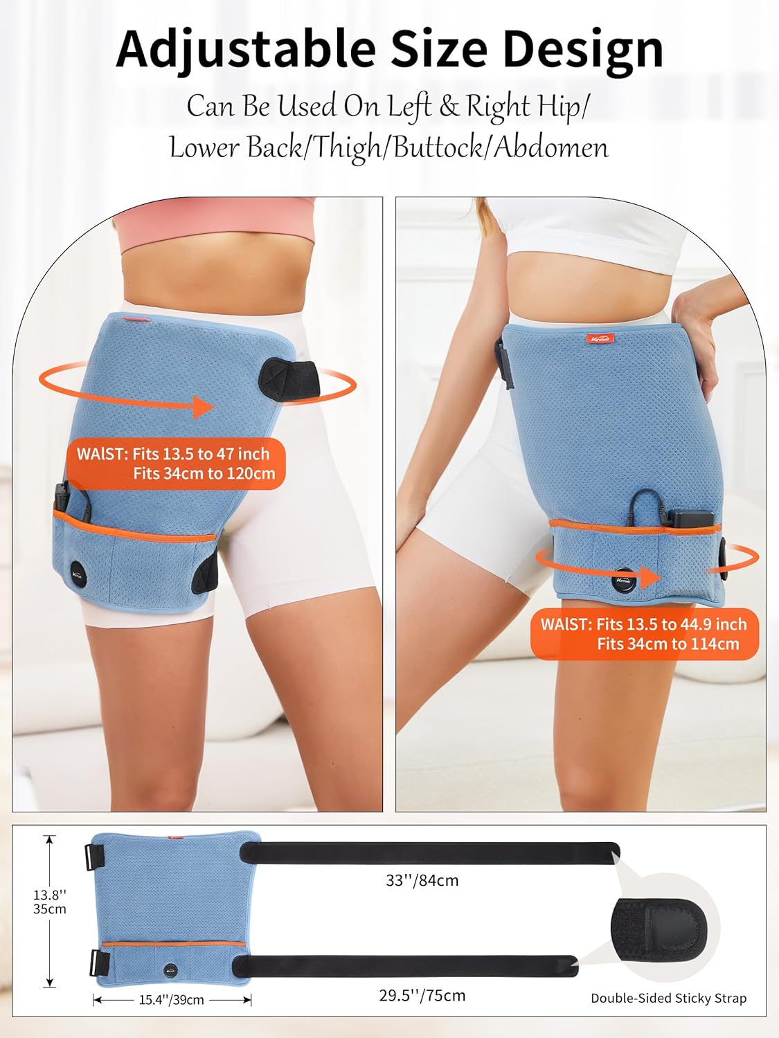 Hip Heating Pad for Hip Support Brace,Cordless Heated Hip Wrap with 10000mAh Battery and 3 Heating Modes for Thigh/Legs,Buttock (Orange Blue, Up to 47'') - Image 5