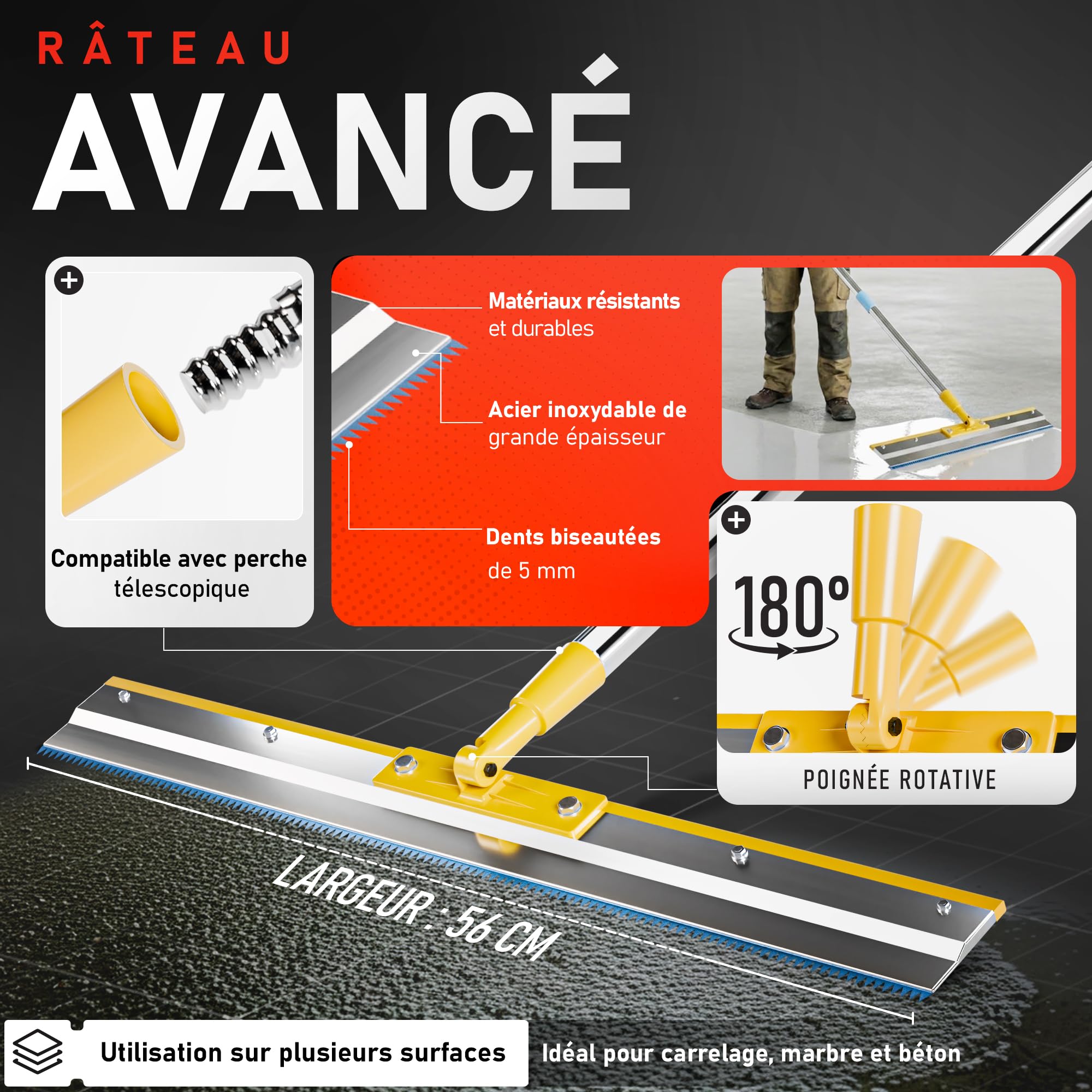 Kit Outils de Ciment Autonivelant | Comprend Rouleau Debulleur Ragreage 50cm, Râteau Autonivelant, Chaussure a Pointe Ragreage, Perche Télescopique, Rouleaux, Spatule et Gants