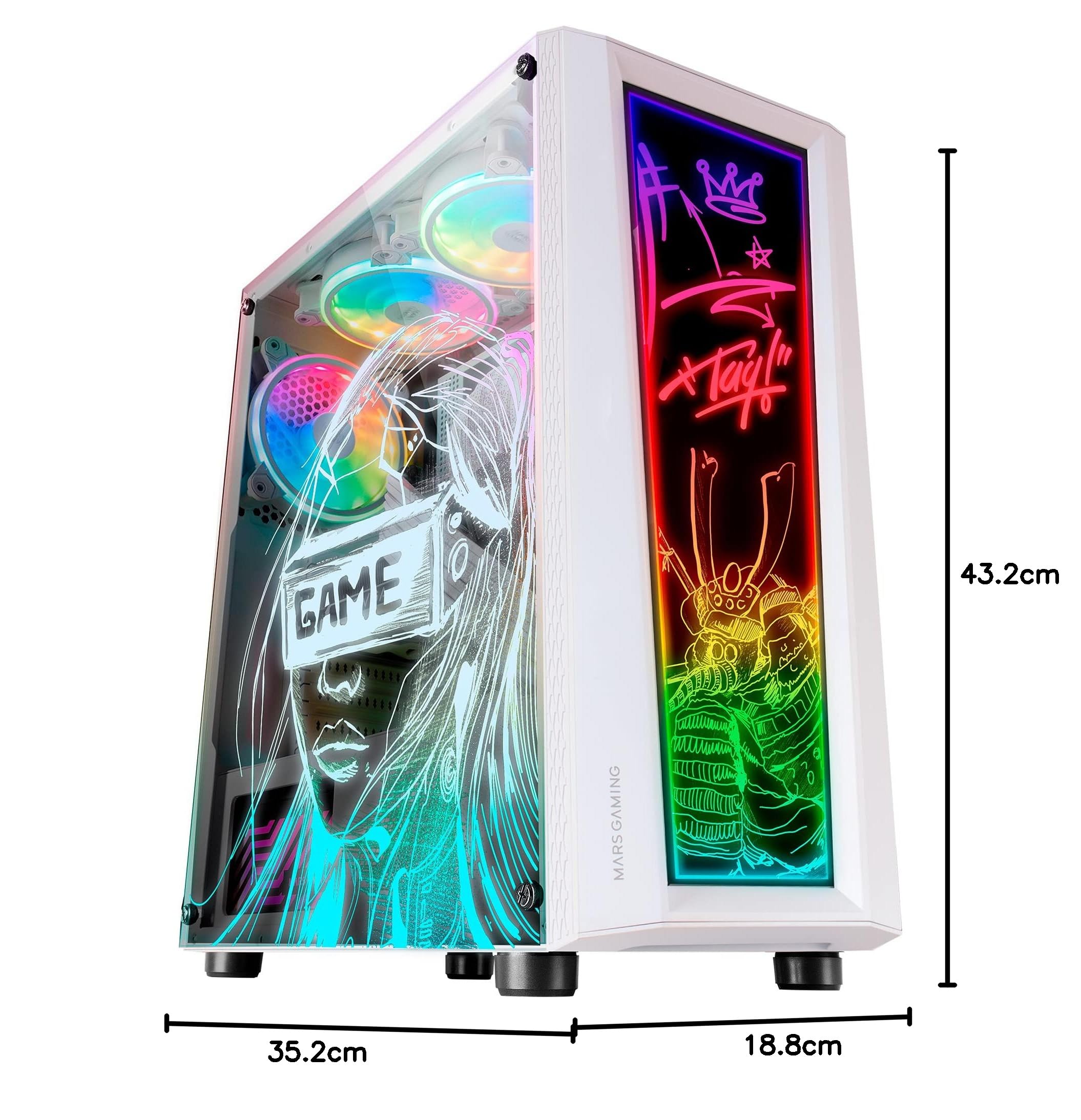 MARS GAMING MC-ART, Case PC Gaming ATX, Doppio Vetro Temperato Disegnabile, ARGB 12 Modalità, Ventola 12 cm, Bianco