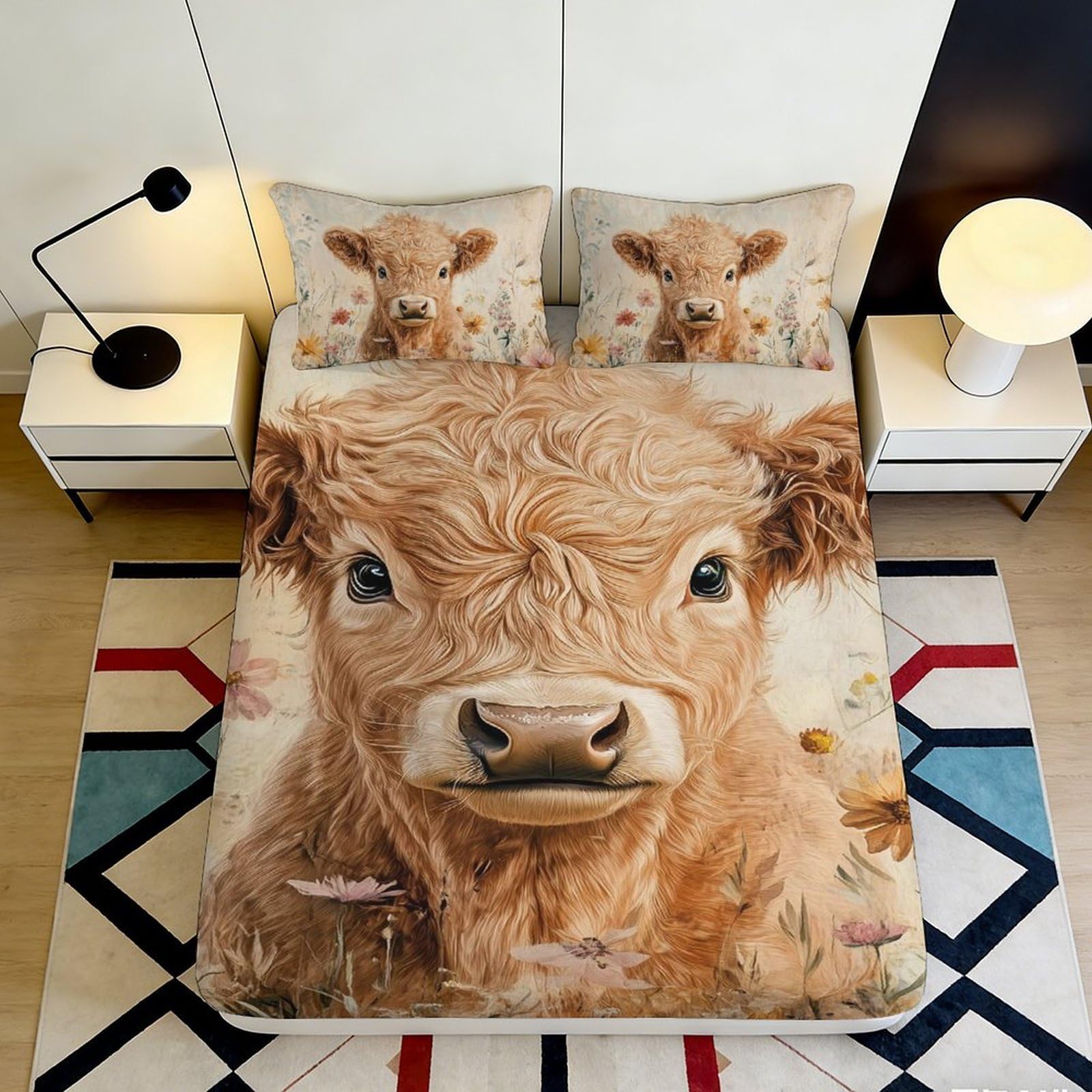 3D Printed Highland Cow Fitted Sheet Microfiber Soft Anti-Slip Pastoral Calf Bed Cover for Bedroom Guest Room Decor 160x200x25cm