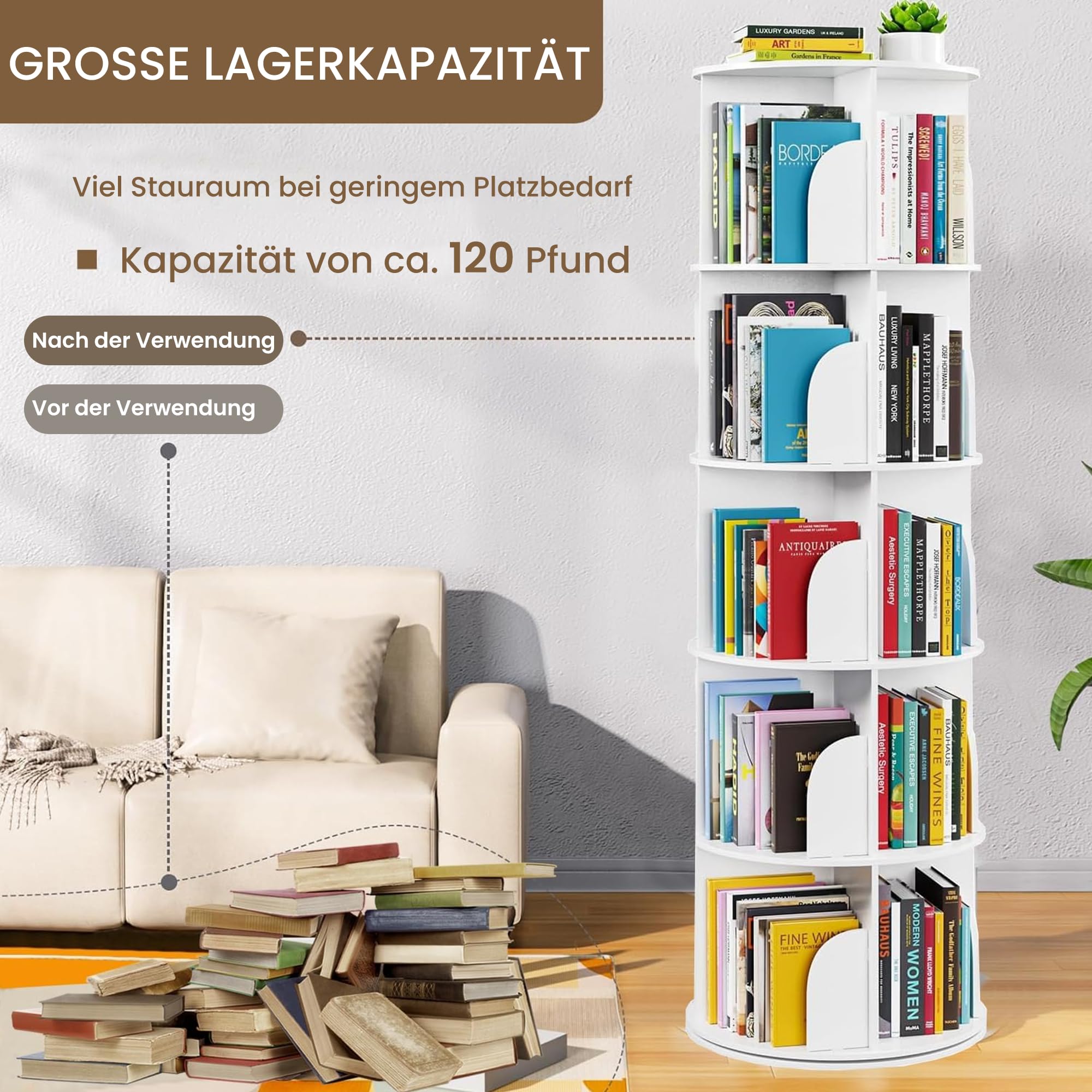 uyoyous Bücherregal, 360 Grad drehbar, Bücherregal aus Holz, 5 Ebenen, Bücherregal Möbel, Aufbewahrung, für Kinder und Erwachsene, Weiß