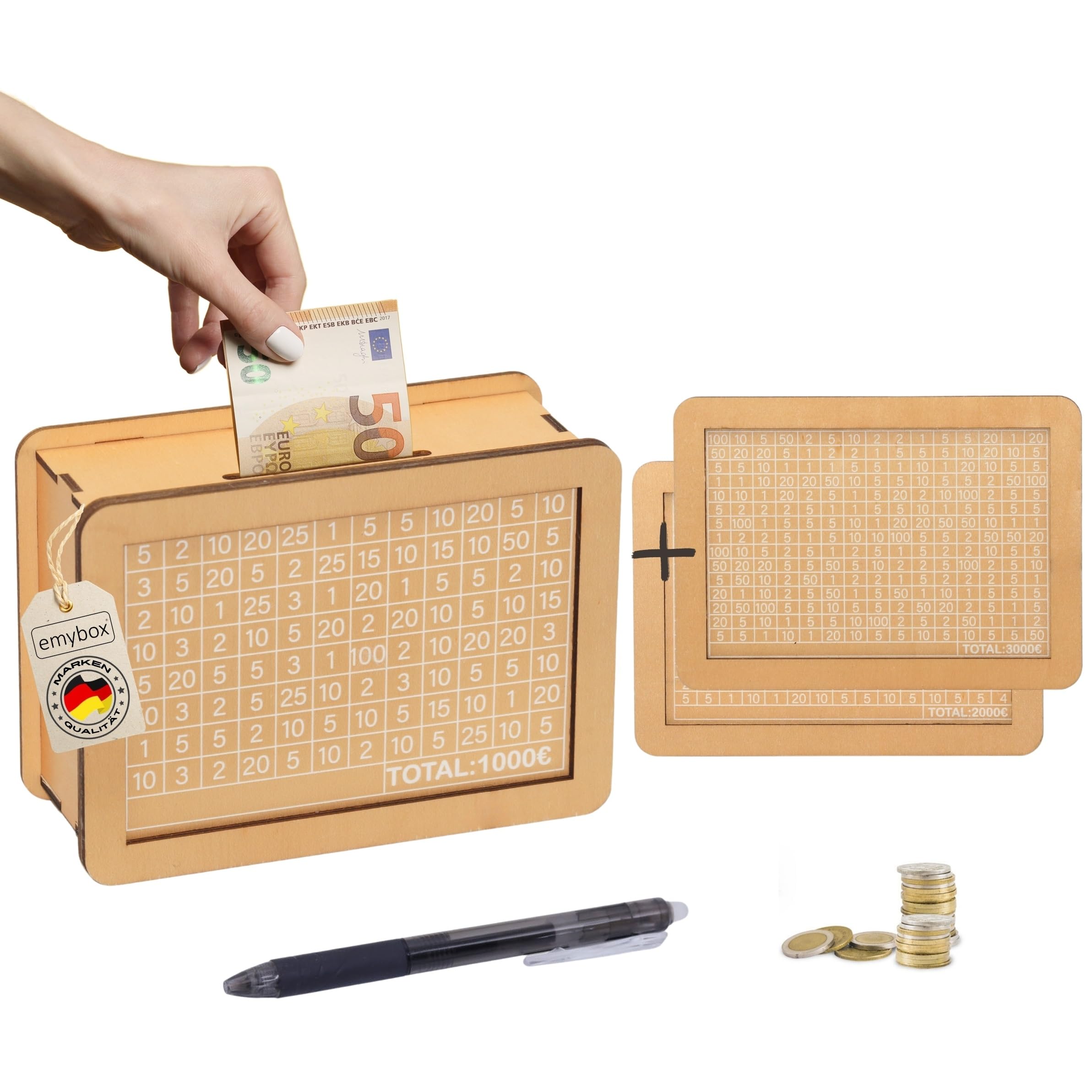 emybox Spardose aus Holz Sparbox [+ 3Ziele] Wiederverwendbar Spardose Erwachsene mit Zahlen zum Ankreuzen + Radierstift mit Ziel [1000€, 2000€, 3000€] 18x13x7cm Hellbraun