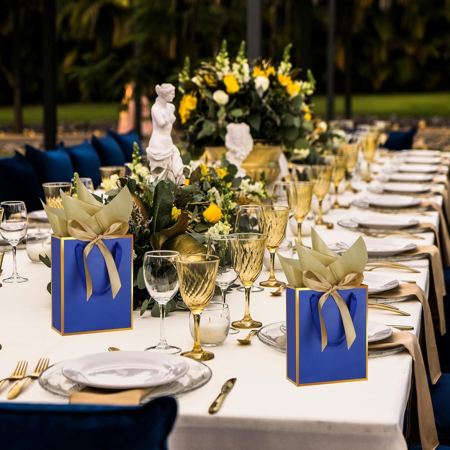 STOBOCTER 6 Pcs Thank You Gift Bags with Handles and Tissue Paper 9 x 7 x 3. 15'' Metallic Welcome Gift Bags with Bow Ribbon for Wedding Bridal Baby Shower Groomsmen Birthday Party(Navy Blue, Gold) - Image 7