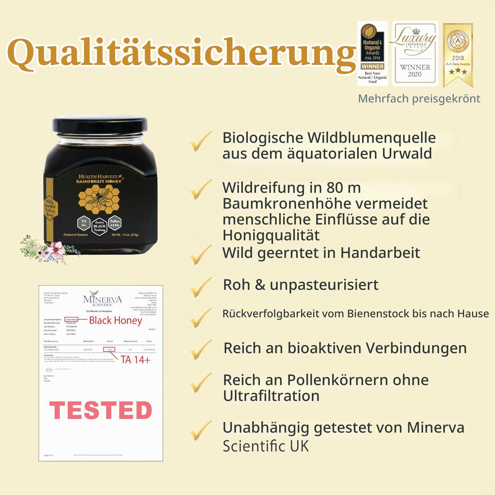 Prämie Tualang Schwarzer Honig 375g (TA 14+, Pollenzahl 4,8 M+, Pollenvielfalt 150+) Intensive Wahl für Männer, Konservierung, roh, nicht pasteurisiert, ungefiltert