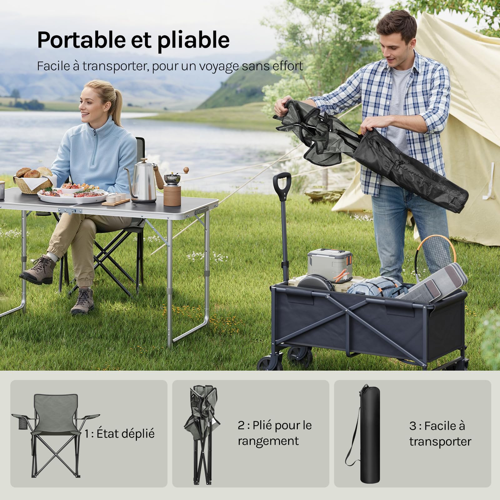 WOLTU Lot de 2 Chaises de Camping, Chaises Pliables Portables avec Porte-gobelet et Poche Latérale, Charge 120 kg, pour Camping, Pêche, Pique-Nique, Plage,Gris Foncé
