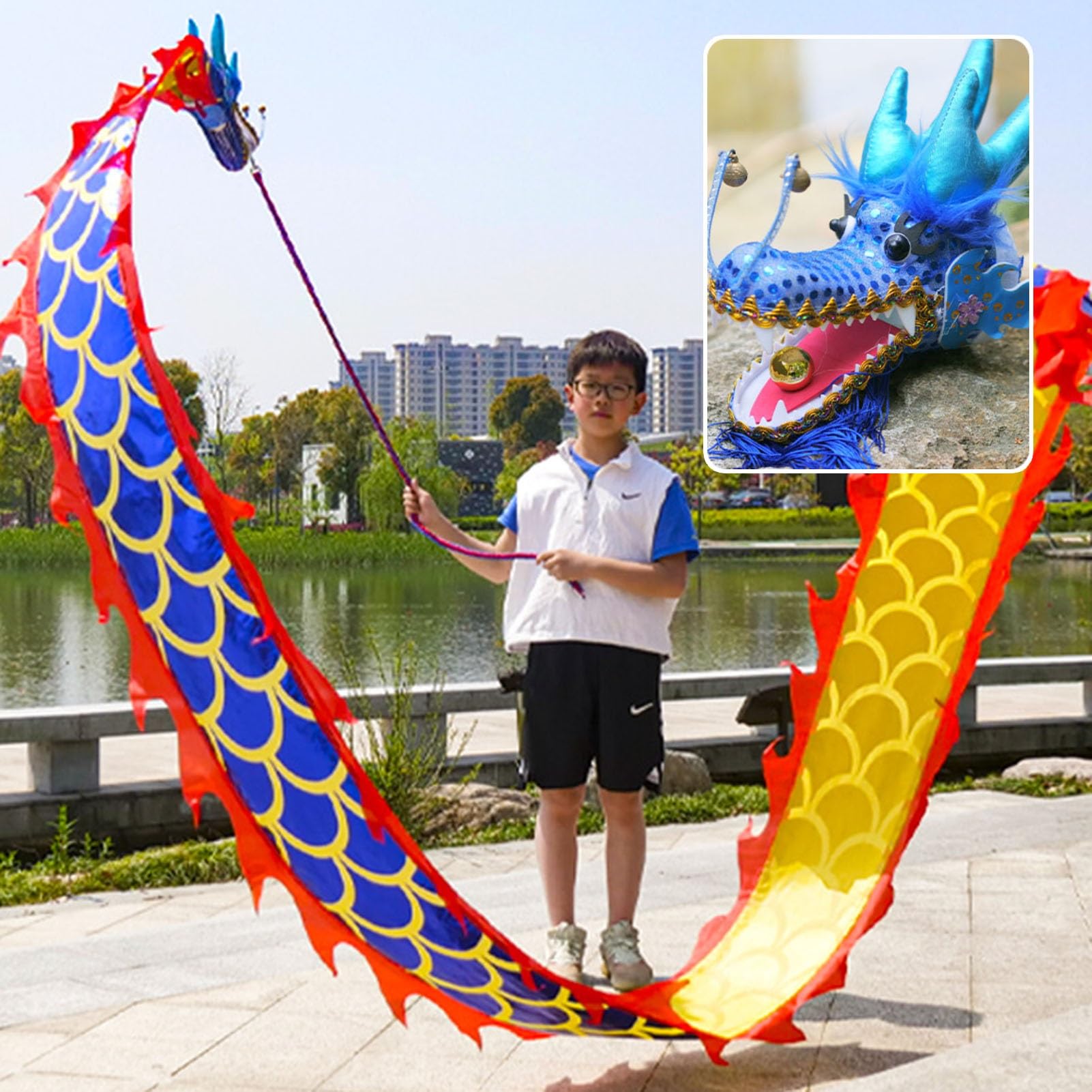 ALANIZ Dragon Poi Kids/Beginner Small Size Dragon Poi, Outdoor Fitness Dragon Design Spinning & Shaking Poi, Real-Like Dragon Flinging Ribbon with Dragon Head(Blue,2 m (6.5 ft))