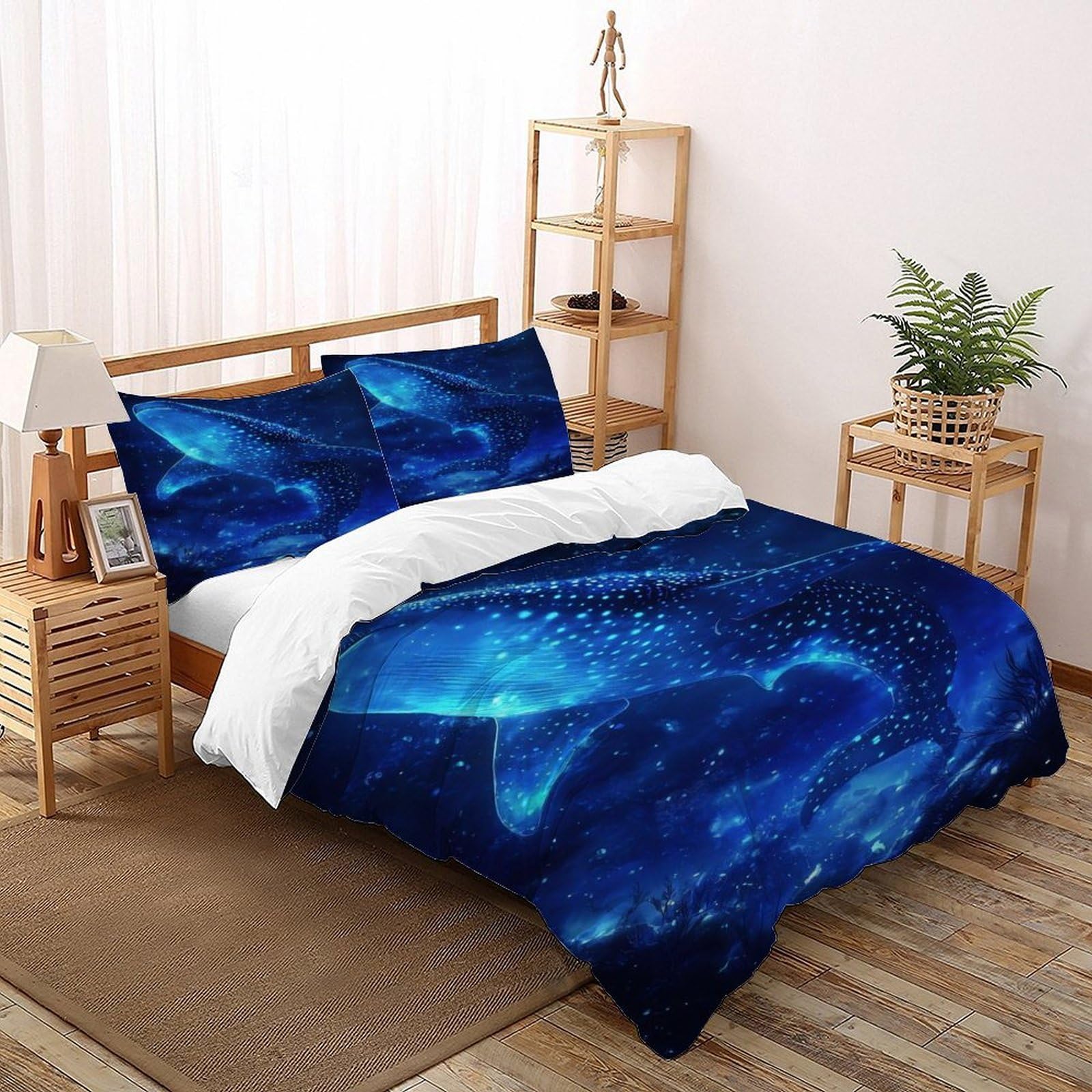 Whale Shark Blue Bedding Set 3D Digital Printing Animal Theme Wildlife Marine Animal Duvet Cover Set Chic Breathable Quilt Cover Universal for All Seasons with Pillowcase Double（200x200cm）
