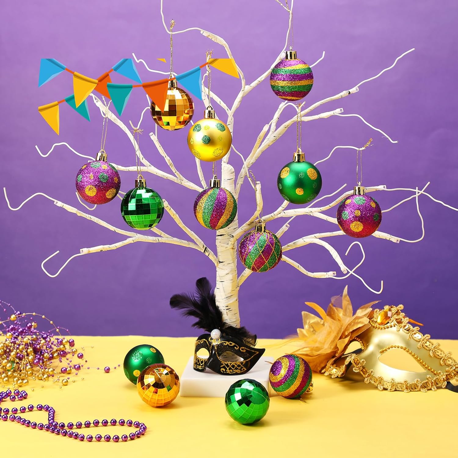 Syhood 24 Pcs Mardi Gras Ball Ornaments for Tree 2 Inch Glitter Mardi Gras Hanging Decorations Shatterproof New Orleans Purple Green Gold Stripes Polka for New Orleans Masquerade Party(Colorful) - Image 3