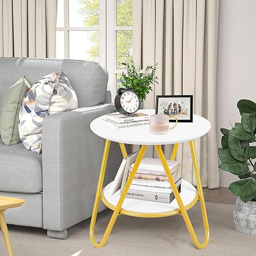 Miniatura 2 de Babion Mesa auxiliar redonda, mesa auxiliar redonda de 2 niveles con patas de metal resistentes, mesa auxiliar con almacenamiento para sala de
