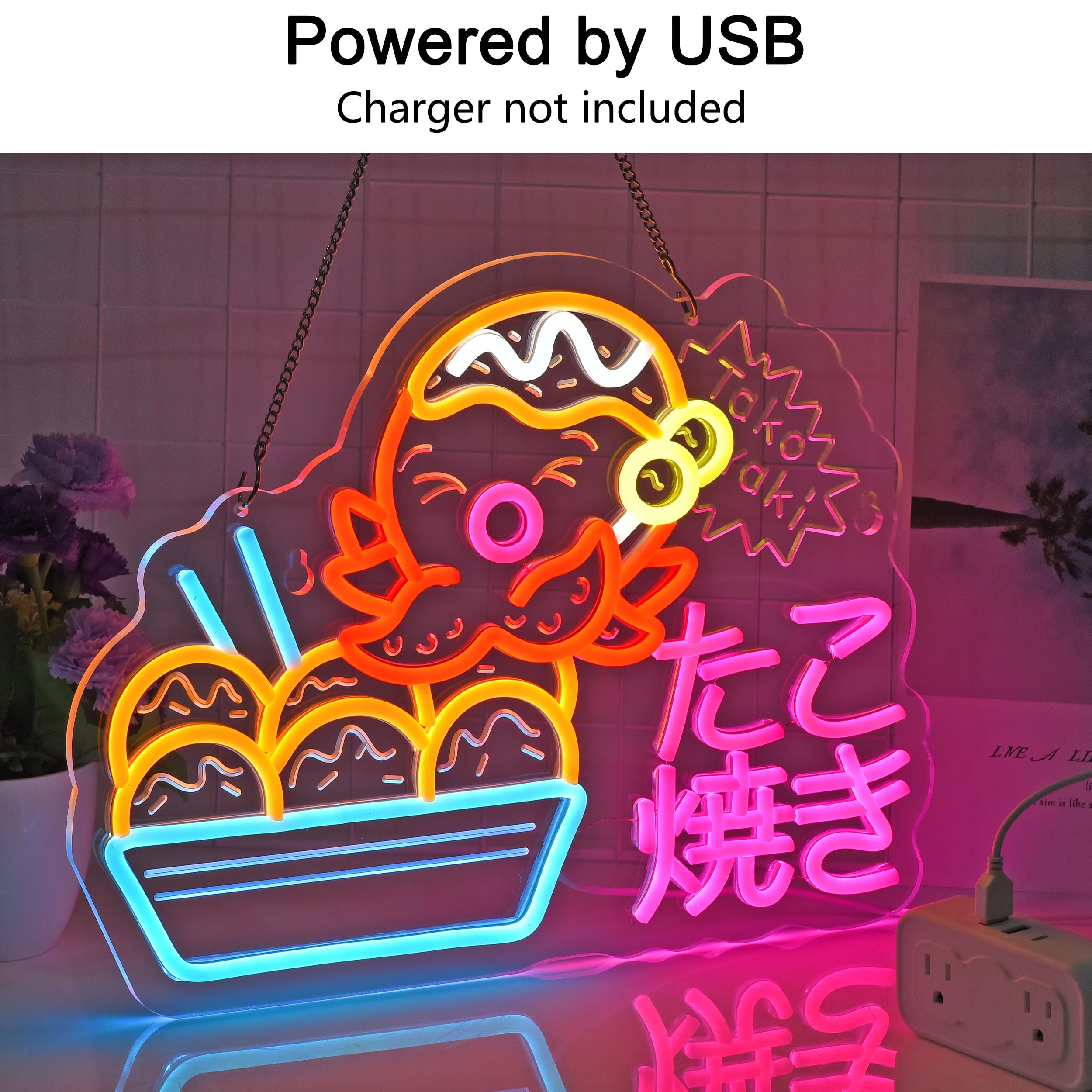 Takoyaki Pannello Neon da appendere per catering, negozio, bar, mercato, panetteria, caffè, feste, decorazione per la casa, alimentazione USB, ultra luminoso, 40 x 30 cm
