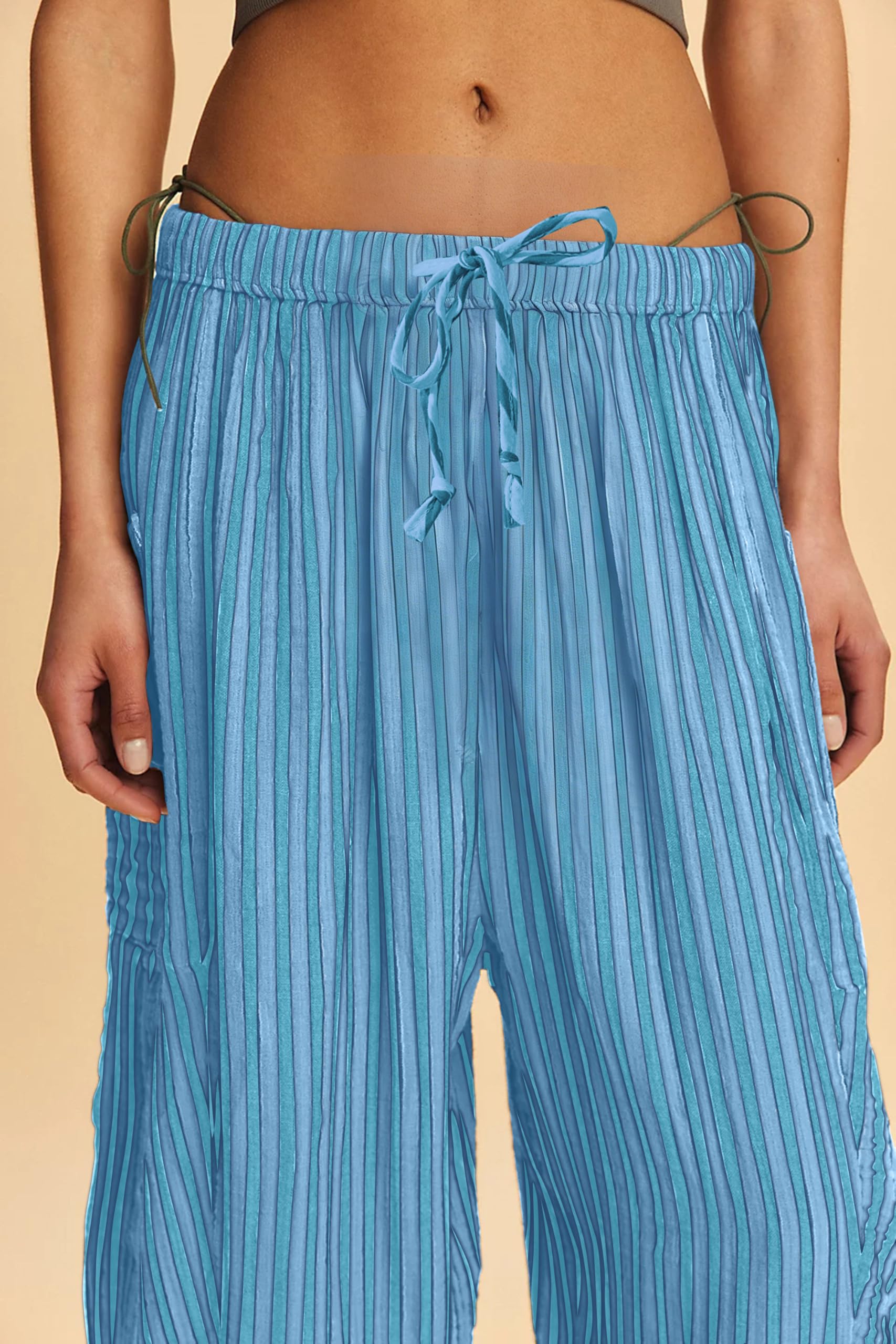 MISSACTIVER Gestreifte Haremshose für Damen, fließend, weites Bein, Kordelzug, Boho-Palazzo-Hose mit Taschen