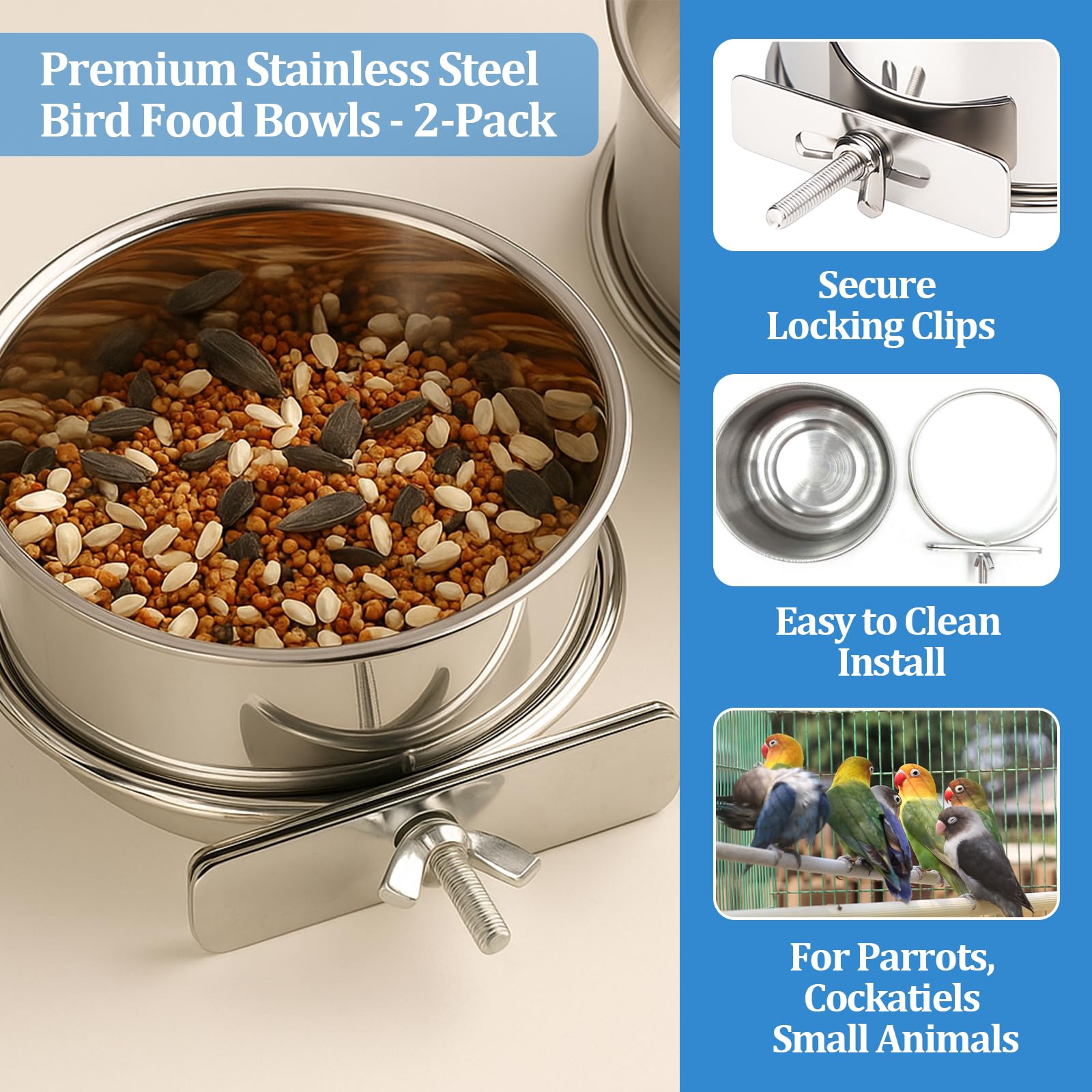2 Pack Stainless Steel Bird Food Bowl Small Bird Feeding Dish Cups for Cage Parrot Food Bowl Cage with Clamp Holder for Parrots, Cockatiels, Small Animals (S+M) - image 3