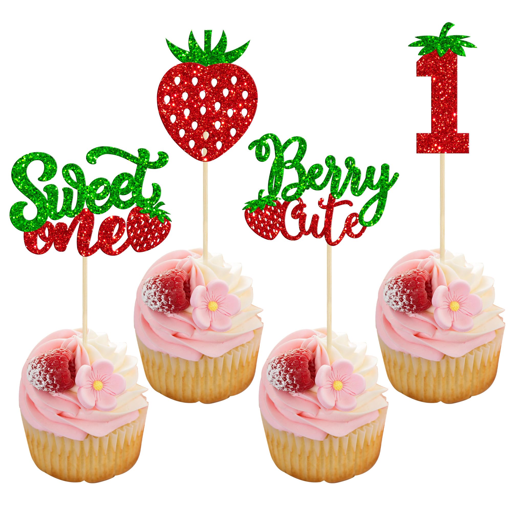 24Pcs Sweet One Cupcake Toppers Glitter First Birthday Strawberry Cupcake Picks for Fruit Baby Shower 1st Birthday Berry Sweet Cupcake Decorations Party Supplies Green