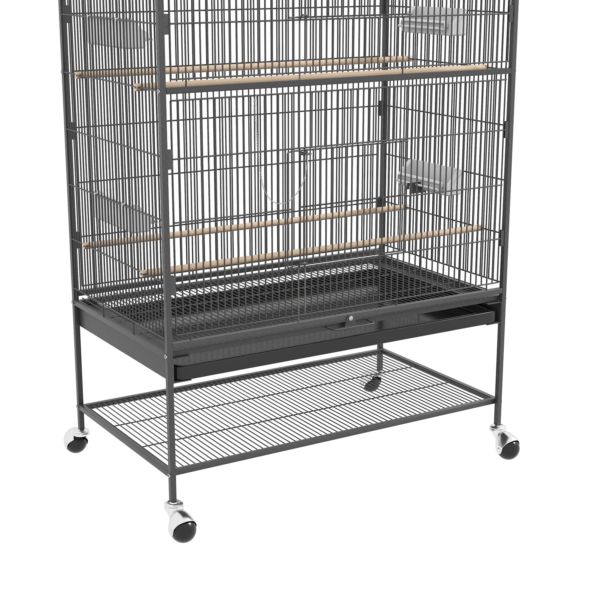 PawHut Klatka ptasia z 2 drzwiami, kółkami dla ptaszków 94x57x153 cm Szara | Woliera, 4 grzędy, miska, wyjmowana tacka, stalowa klatka, dla papug falistych