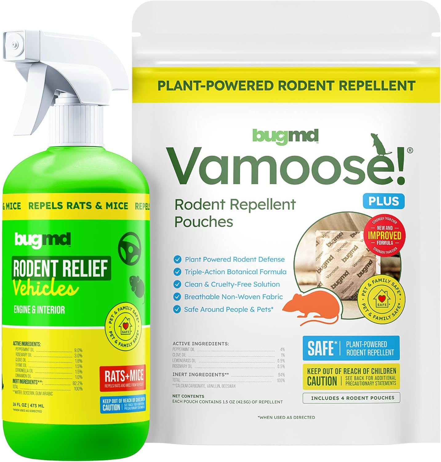BugMD Vamoose Plus Peppermint Pouches & Car Engine Rodent Spray Bundle | Plant-Powered Mouse & Rat Repellent for Home, Garage, Car, RV & Storage | Includes 4 Scent Pouches + Peppermint Engine Spray