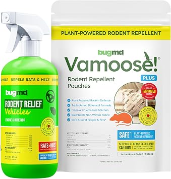 BugMD Vamoose Plus Peppermint and Car Engine Rodent Spray Bundle | Plant-Powered Mouse and Rat Repellent for Home, Garage and RV | 4 Pouches