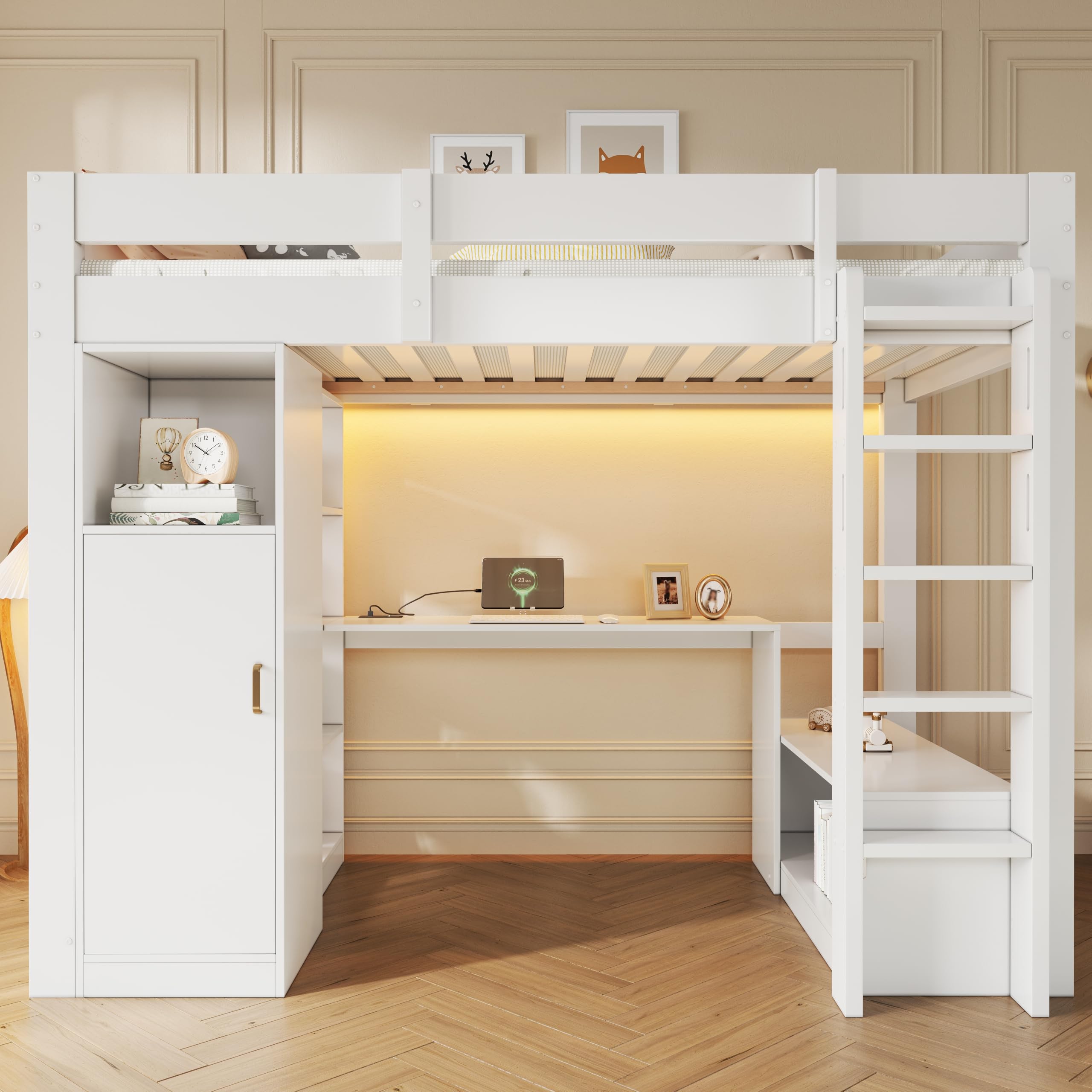 Lit Mezzanine 90 x 200 cm avec Penderie, Lit en Hauteur avec Éclairage LED et Port USB, Bureau et Étagère Ouverte à 4 Niveaux, Banc de Rangement, Barrières de Sécurité, Blanc-B