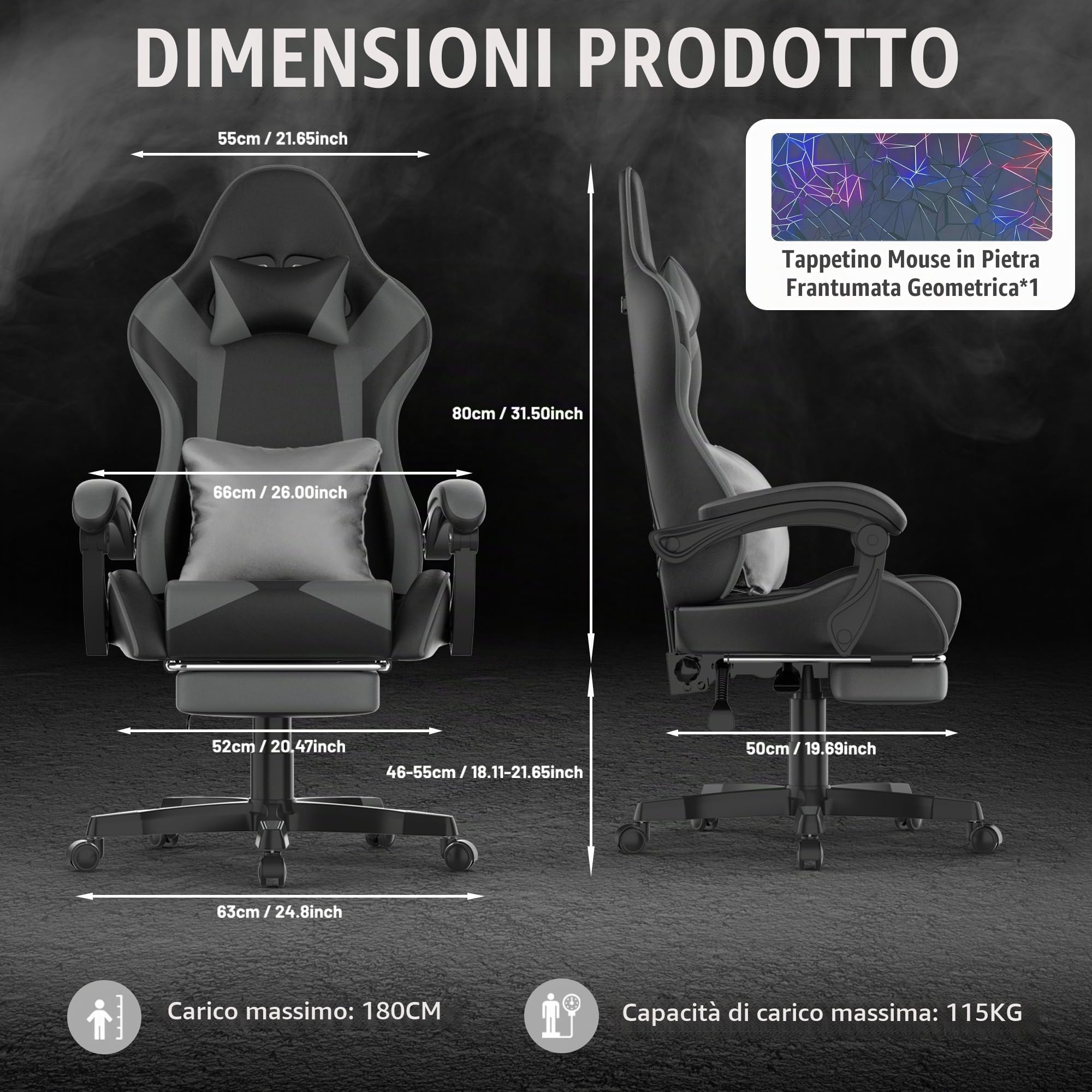 Soontrans Sedia Gaming, Sedia da Gaming Ergonomica con Tappetino per il Mouse, Poggiatesta, Poggiapiedi, Pelle Sintetica, Regolabile in Altezza, Braccioli Imbottiti, Portata 115kg (Nero e grigio)