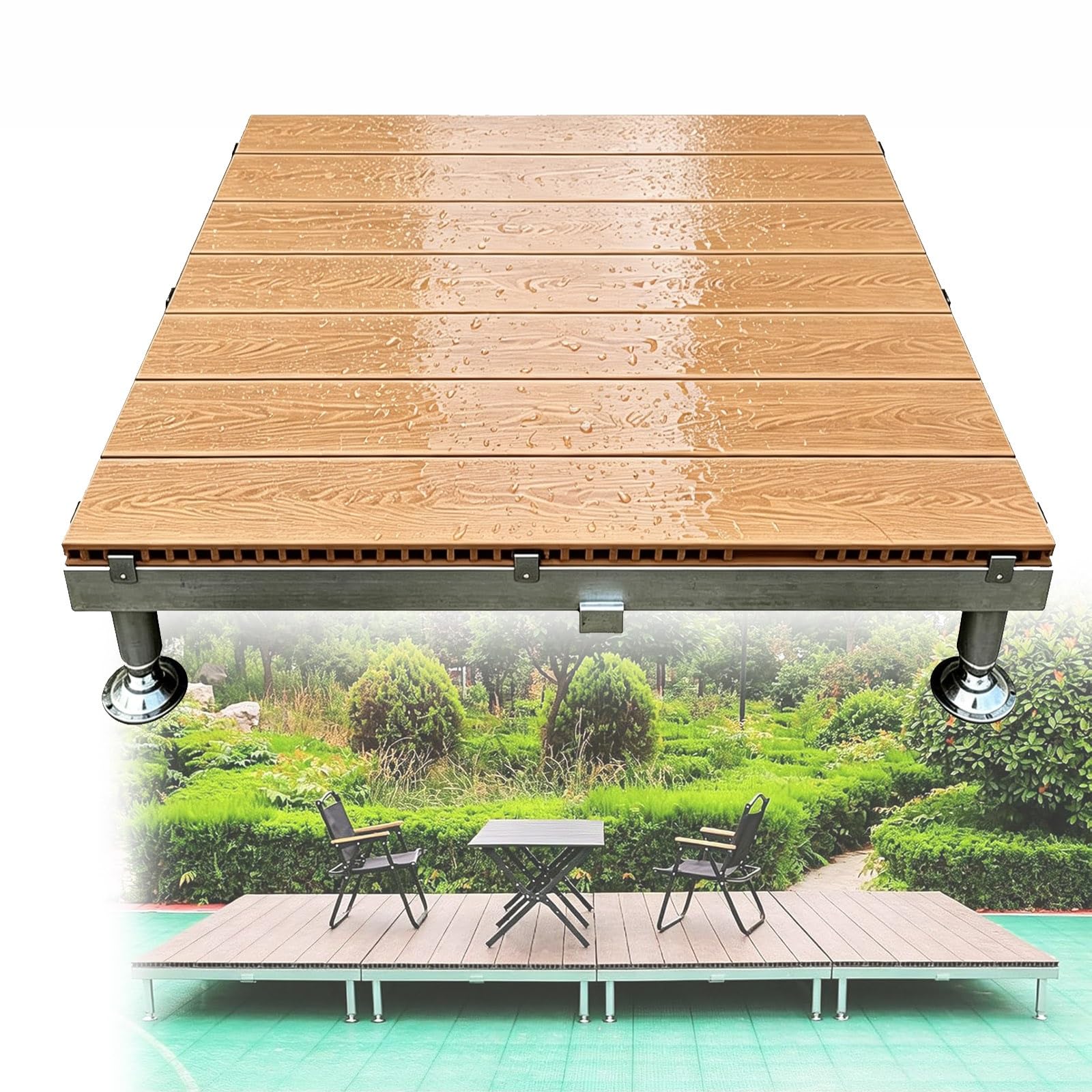 Terrazza Pavimentazione 84x84 WPC Piastrelle Esterno Con Piedini Regolabili | Piattaforma Rialzato Modulare Con Telaio Metallico Per Giardino Vasca Spa,Portata 500 Kg/mq, Pavimento(Light brown)