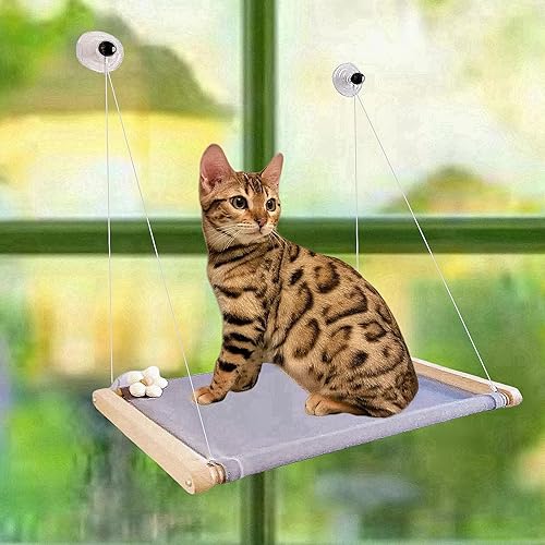 Cat Window Perch | Cat Hammock for Window Beech Wood | 4 Screw-in Suction Cups| Sturdy Cat Window Bed Seat for Large Heavy Cat or 2 Cats (Gray)