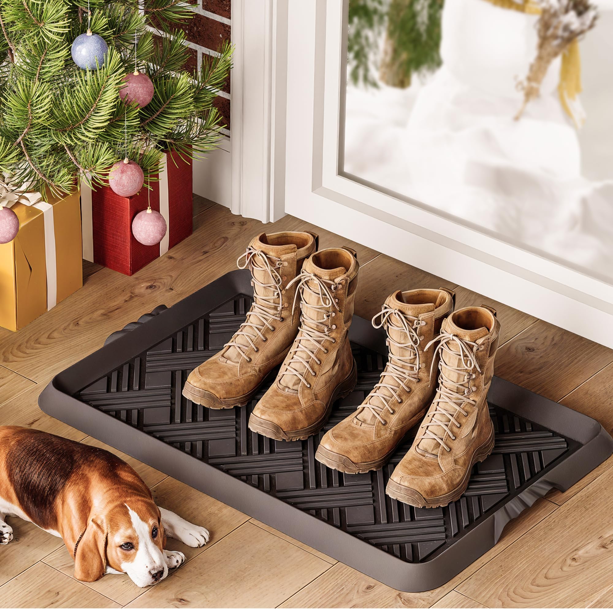 LFCONNECT Rubber Boot Tray, Shoe Trays for Entryway, Versatile Boot Mat Tray with Raised Edge, 27.5"x16" Rubber Mat for Shoe Organizer Indoor/Outdoor Use