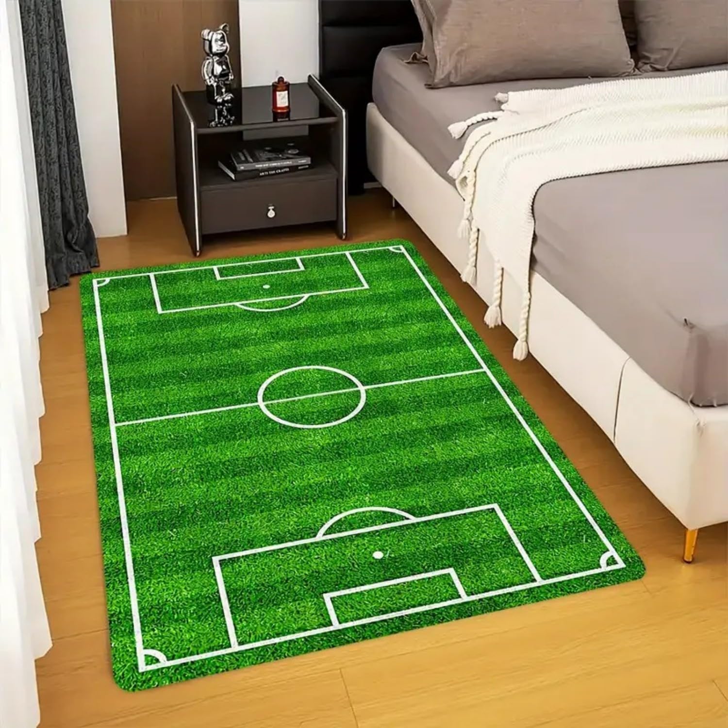 Fußballteppich für Wohnzimmer, 160x230cm Fußballmuster, Teppich Mit Grünem Rasen-Fußballfeld-Motiv, Ideal für Schlafzimmer, Kinderzimmer, Spielzimmer und Mehr Bodenmatte fürs Kinderzimmer