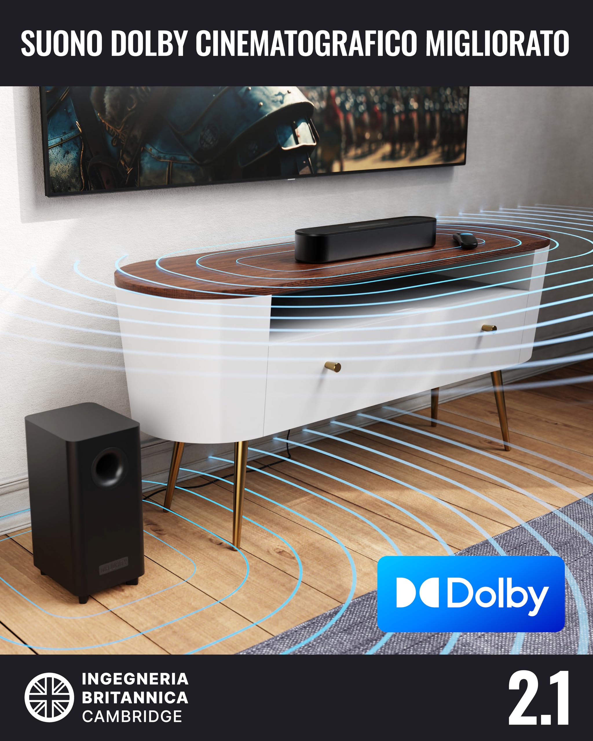 Majority Bowfell Axis Soundbar 2.1 con Subwoofer per TV, Sistema Audio Surround Dolby, Bluetooth 5.3, HDMI eARC, Ottico, AUX e USB, Montabile a Parete con Telecomando Bowfell Axis