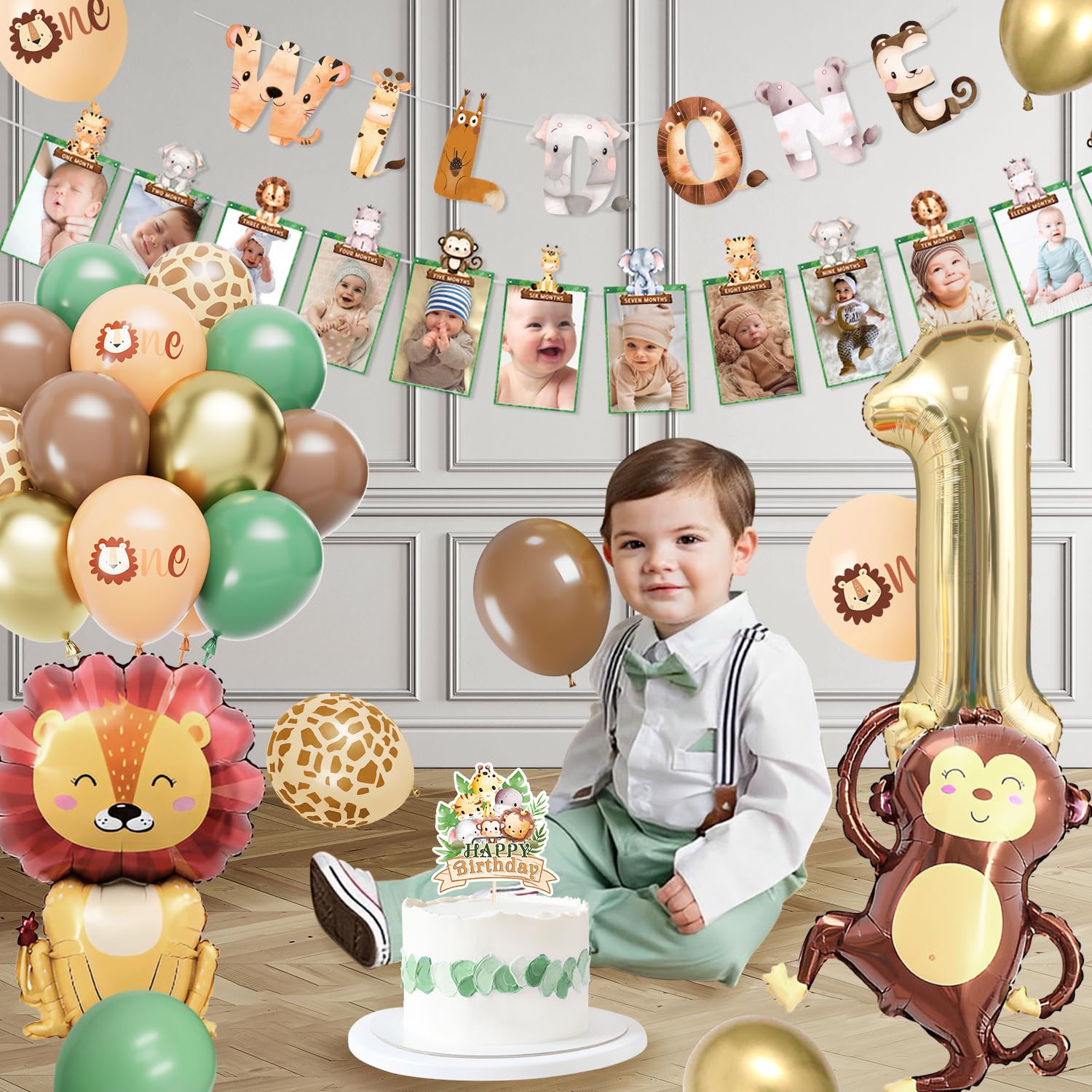 Verjaardagsdecoratie Wild One, Jungle 1 Jaar Decoratie, 1. Kind Meisje ballonnen, eerste verjaardag safari, groene ballon dieren bos voor kinderverjaardag