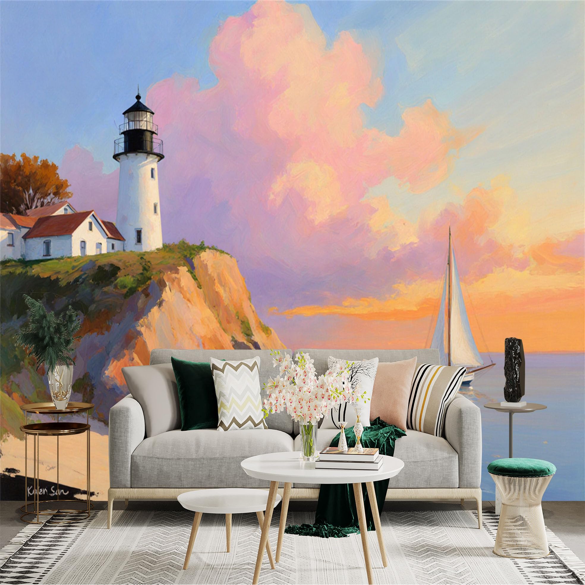 Custom Size Wall Sticker Mural， Coastal Lighthouse at Sunset， Calm Ocean View with Sailing Boat， Artistic Seascape Scenery， for wall Decoration， peelandstick wall Decals.