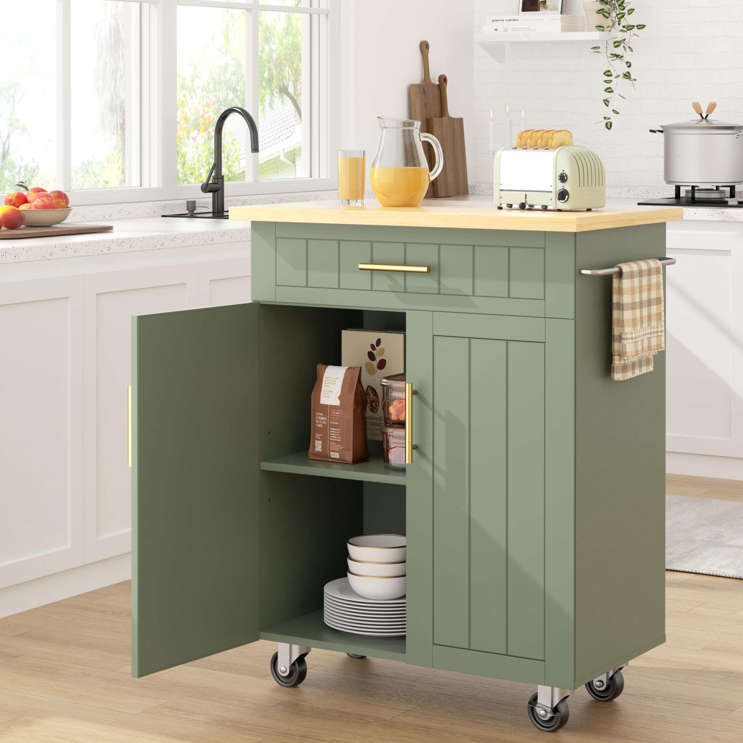 Rolling Kitchen Island Cart with Storage & Drawer – 26" Portable Kitchen Cart with Lockable Wheels, Towel Rack & Open Shelves for Kitchen, Dining Room, Living Room(Green)