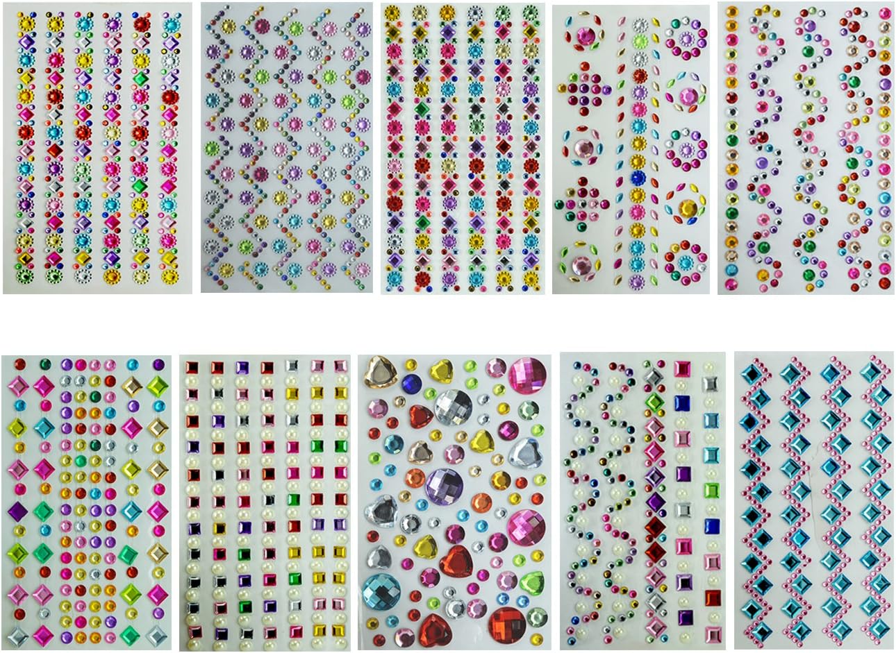 10 Different Style Self-Adhesive Rhinestone Stickes, Bling Craft Jewels Crystal Gem Stickers, Assorted Size, Color and Designs(Pack of 10)