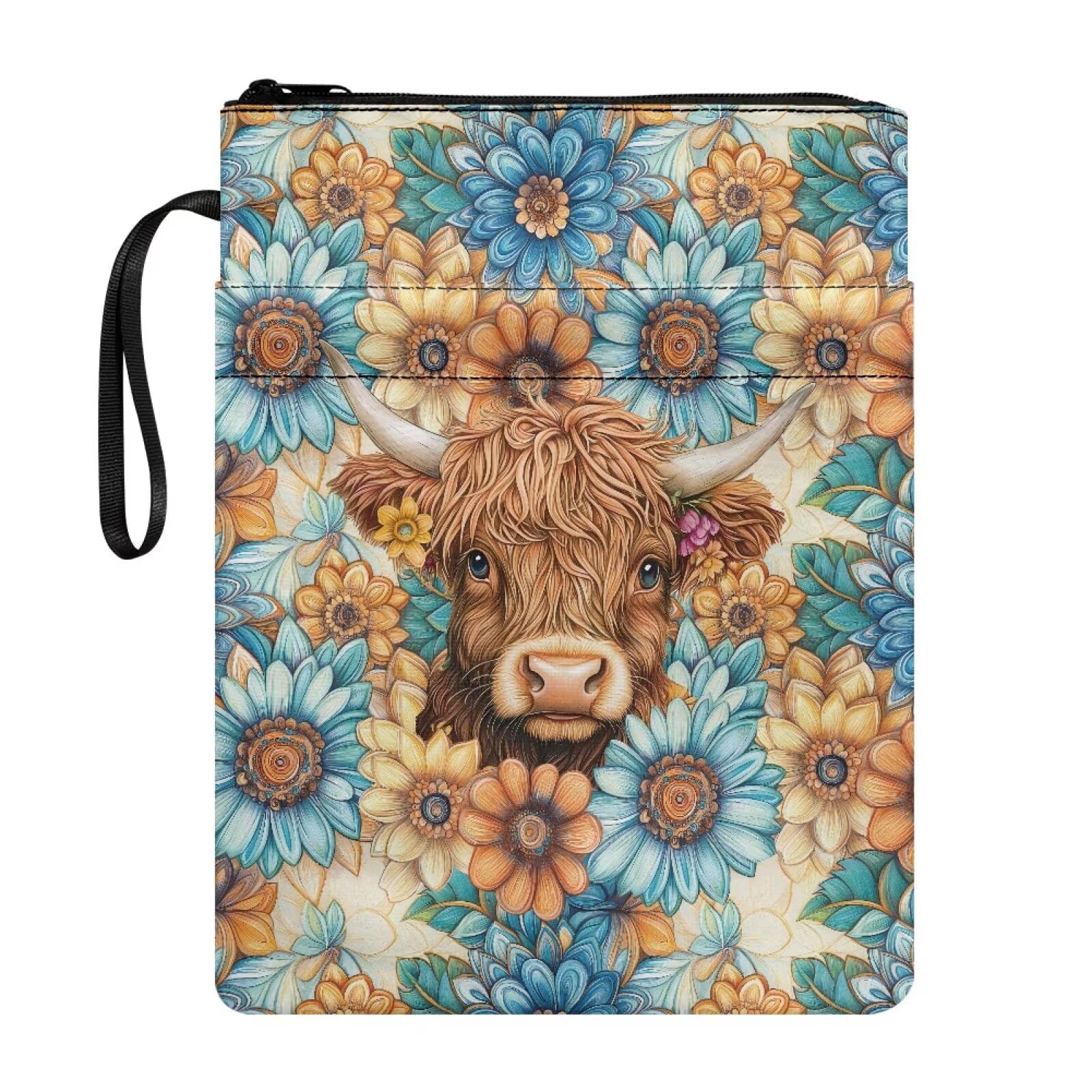 UOIMAG Boho Highland Cow Book Sleeve for Girls Floral Book Pouch Cover for Women for School Travel — image 1