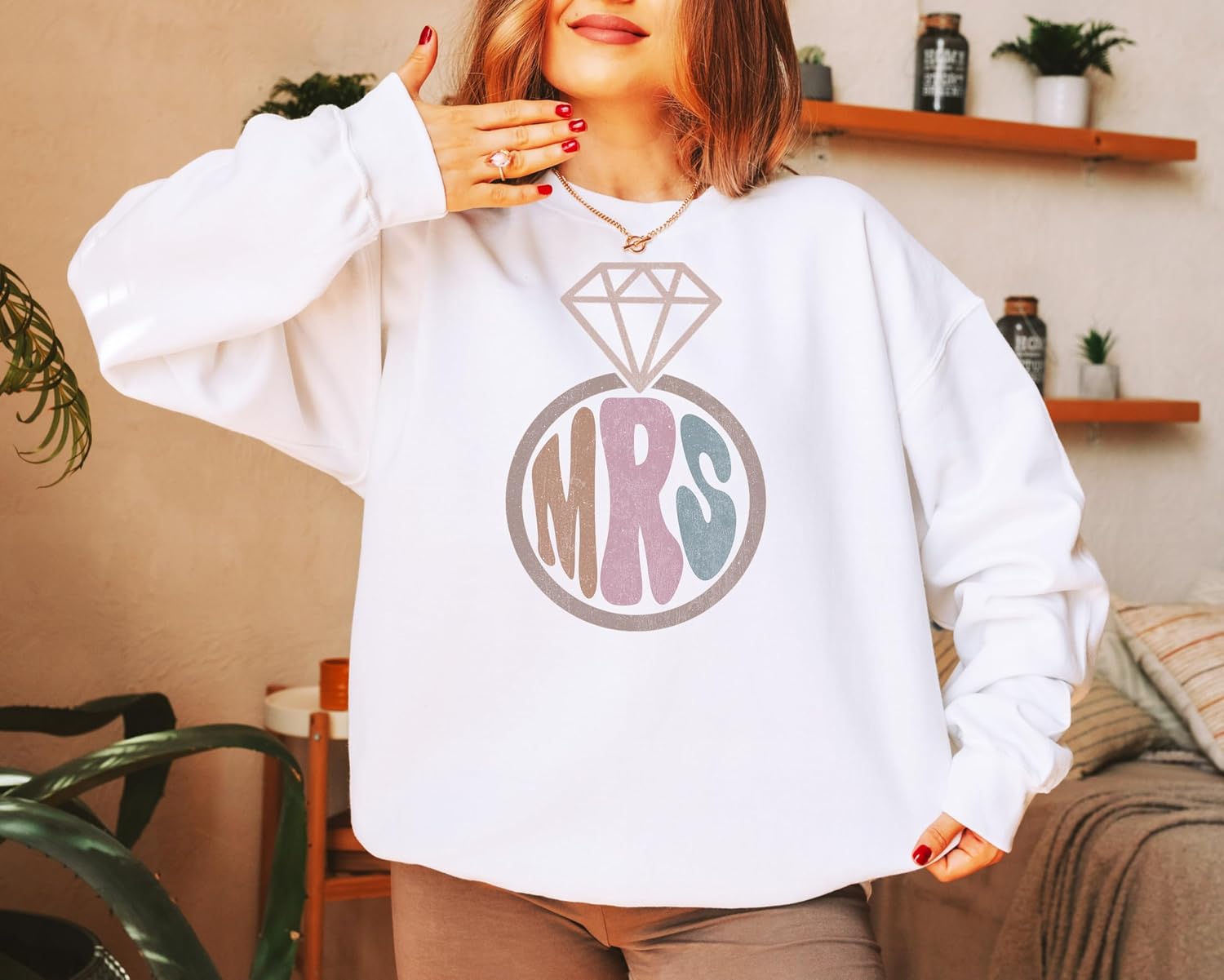 Olive Loves Apple Mrs. Groovy Retro Bride Wedding Ring Sweatshirt for Bridal Shower Gift