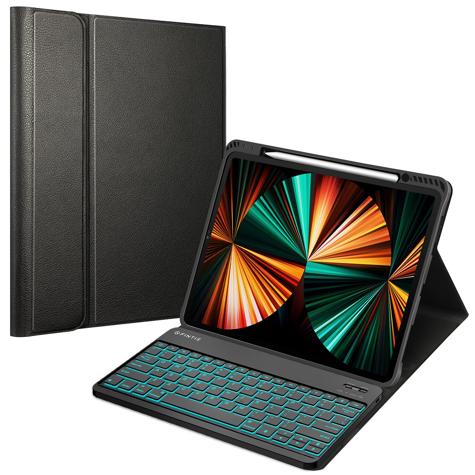 Image displaying the 7-color backlight feature of the keyboard, showing different keys illuminated in various colors like blue, red, green, yellow, and purple, with text indicating 7 colors at choice and 2-degree adjustable brightness.