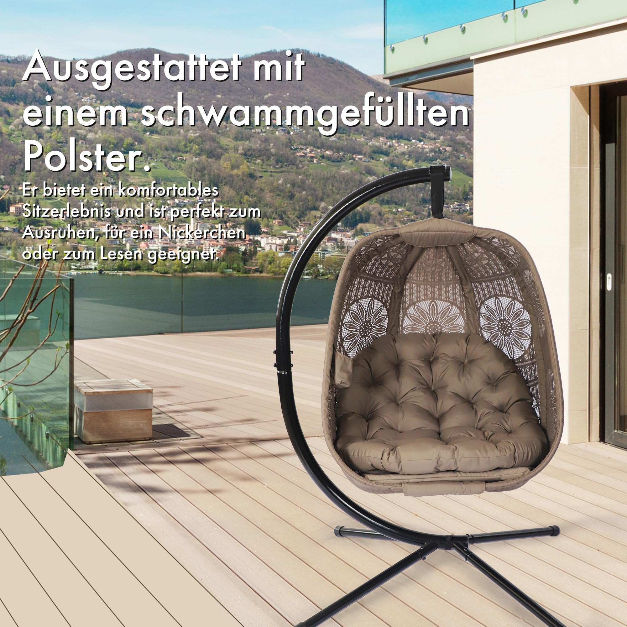 Hängesessel mit Gestell Sonnenblume Ei-Stuhl - Handgeflochtener Hängestuhl mit wasserfester Sitzauflage für Garten, Balkon & Innnenbereich - Gemütlicher Schaukelstuhl für Erwachsene