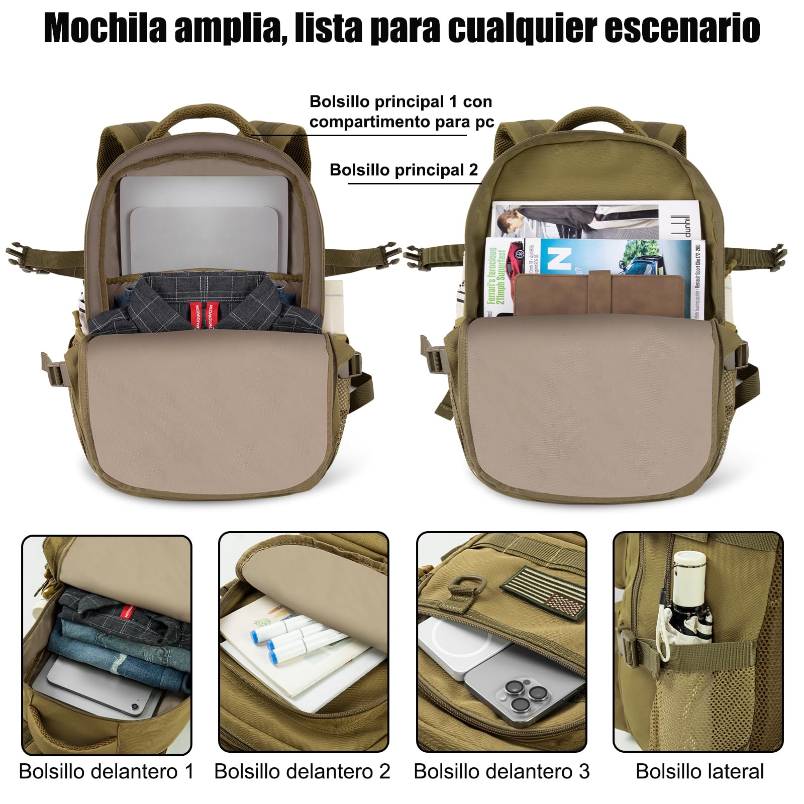 Mochila escolar para adolescentes y jóvenes, 40 l, táctica para hombre, grande, 17,3 pulgadas, mochila escolar, mochila ergonómica, mochila escolar, mochila escolar para viajes, escuela