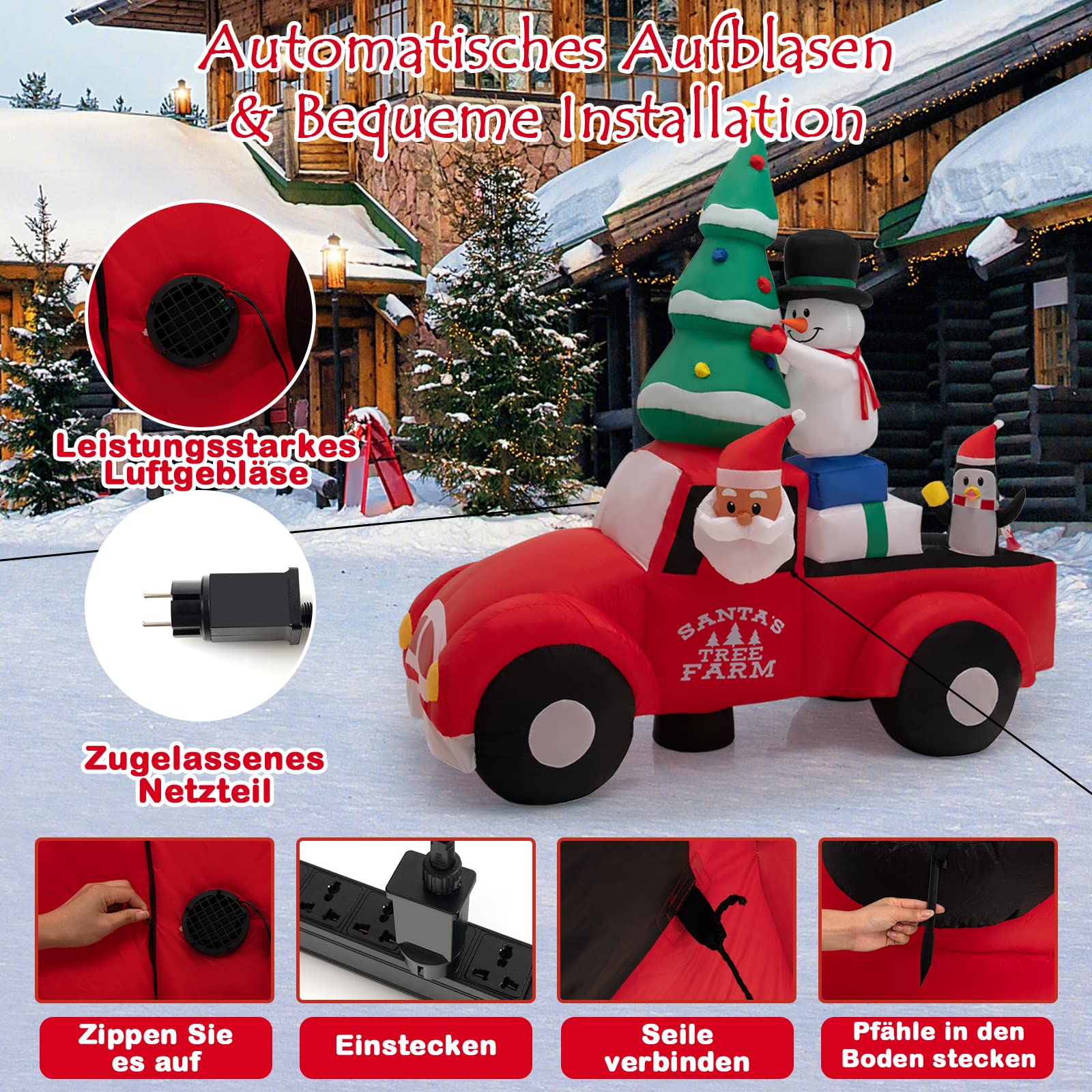 GYMAX 240 cm hohe Aufblasbare Weihnachtsdeko mit 7 LED-Leuchten, Selbstaufblasender Weihnachtsmann in einem Auto mit Weihnachtsbaum, Schneemann, Geschenken & Pinguinen