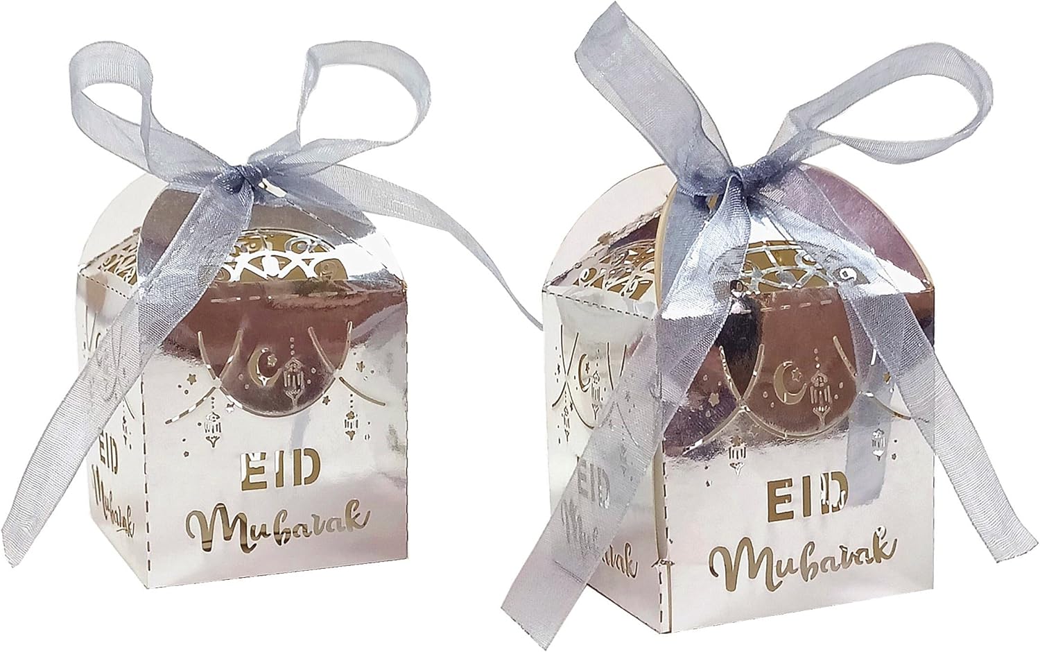KYMY 30pcs Eid Mubarak Candy Boxes,Golden Color Muslim Ramadan Goodie Candy Gift Boxes for Snack Sugar Chocolate,Eid Mubarak Hollow Gift Wrap Boxes with Ribbon for Eid Party Decorations, Silver