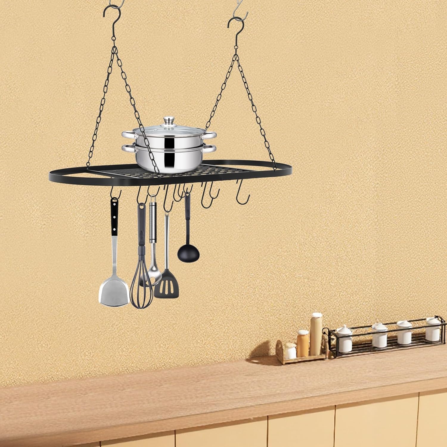 Ceiling Pot Rack Hanging,Pans Ceiling Mount Organizer Rack,Multi-Purpose Organizer Pot for Kitchen Cookware Utensils