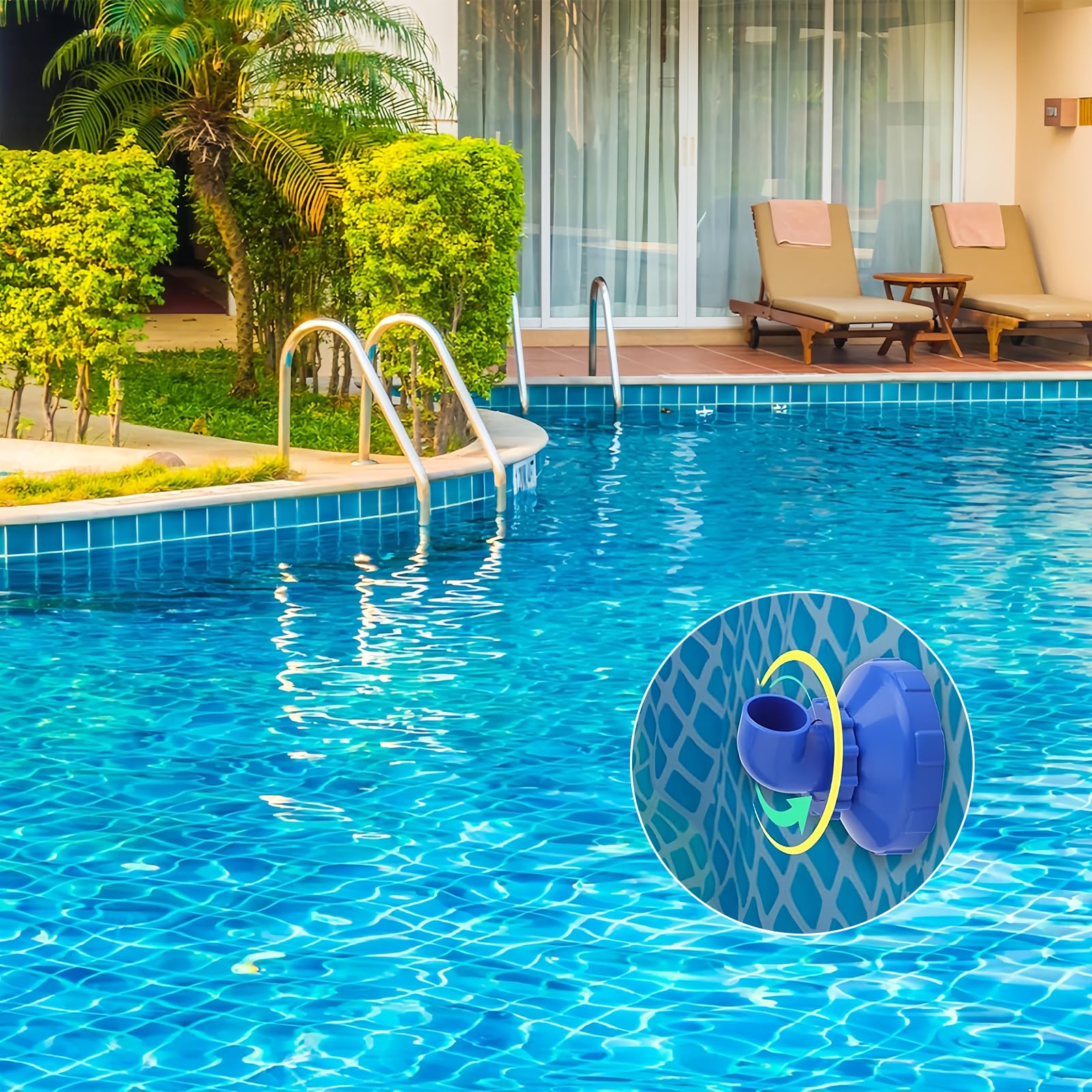 BORDEAG Boquilla de entrada para piscina giratoria 360°, boquilla de entrada para piscina de 32 mm, con abrazaderas de manguera y cinta de sellado impermeable, kit de montaje para piscina, boquilla