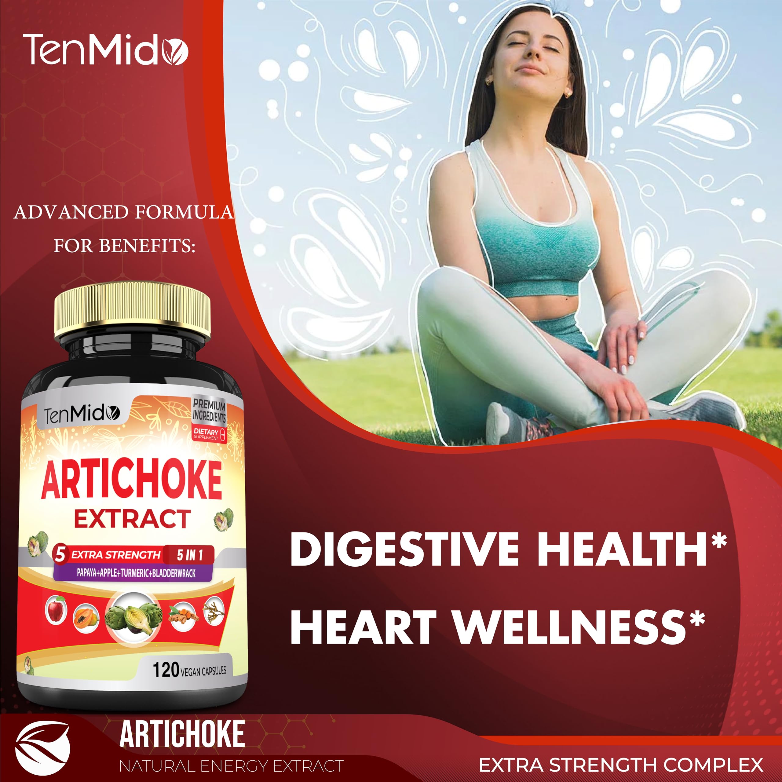 Artichoke Supplement Extract Capsules, 4 Months Supply with Papaya, Apple Pectin, Turmeric Curcumin, Bladderwrack - Supports Digestion Function - 120 Vegan Capsules — Amazon image 5