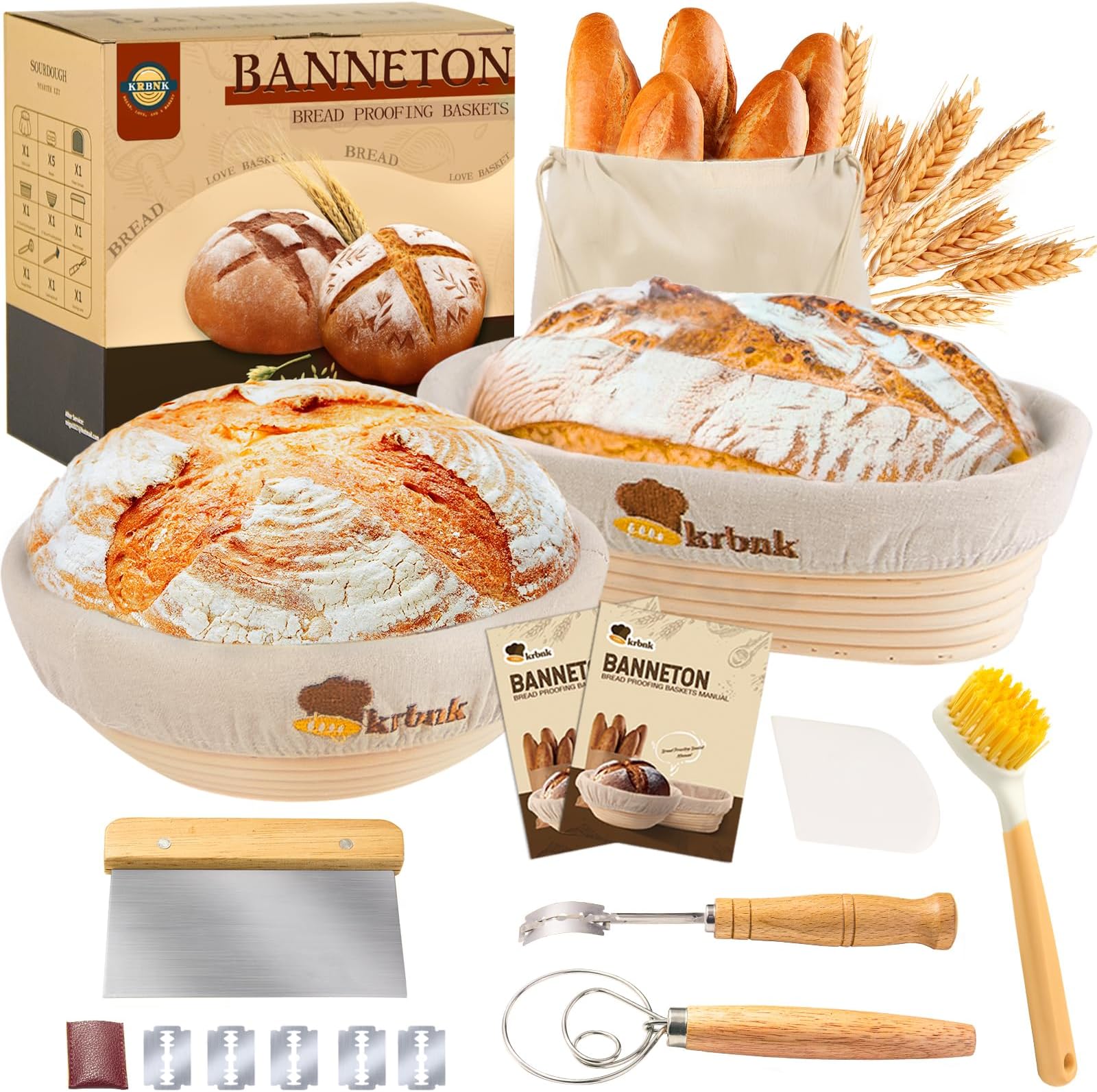 Banneton Bread Proofing Basket Set, Sourdough Starter Kit, 9" Round & 10" Oval Bannetons, Indonesian Rattan Sourdough Bread Baking Supplies, With Bread Making Tools Bread Lame Linen Liner