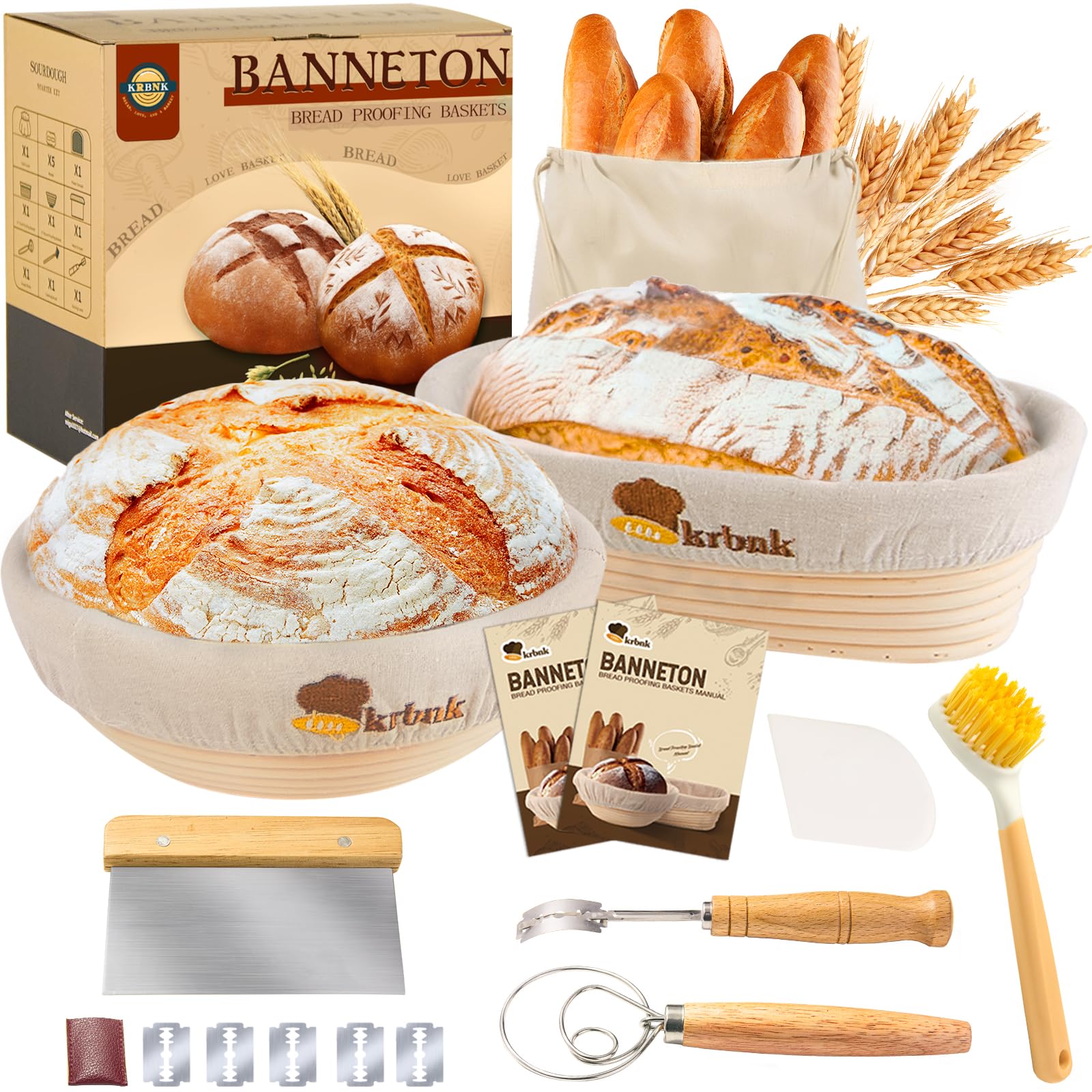 Banneton Bread Proofing Basket Set, Sourdough Starter Kit, 9" Round & 10" Oval Bannetons, Indonesian Rattan Sourdough Bread Baking Supplies, With Bread Making Tools Bread Lame Linen Liner