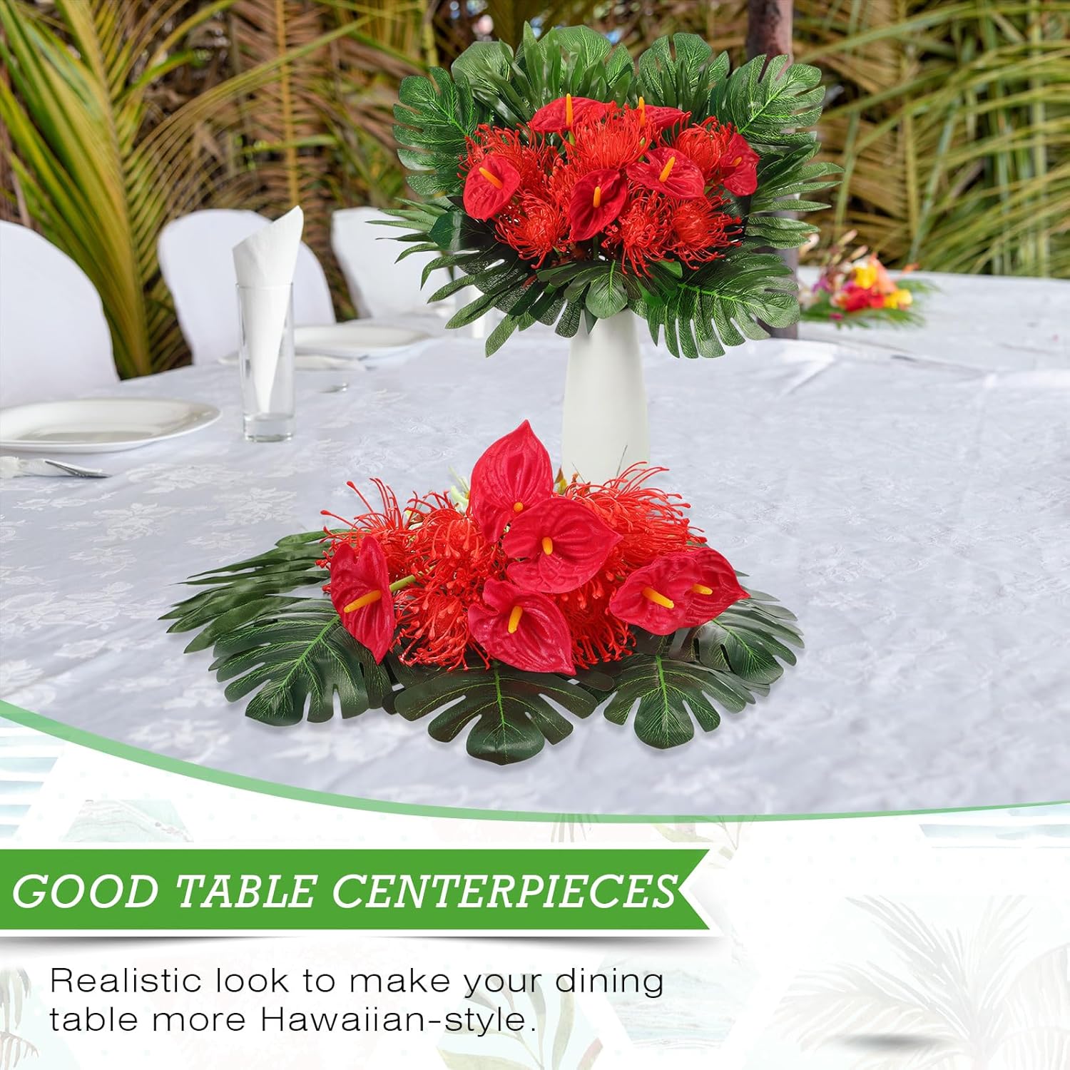 Hotop 36 Pcs Artificial Tropical Flowers for Summer Party Centerpieces Fake Floral Decor Set with Leucospermum Pincushion Flowers Anthurium & Tropical Leaves (Monstera/Palm) for Table Centerpieces