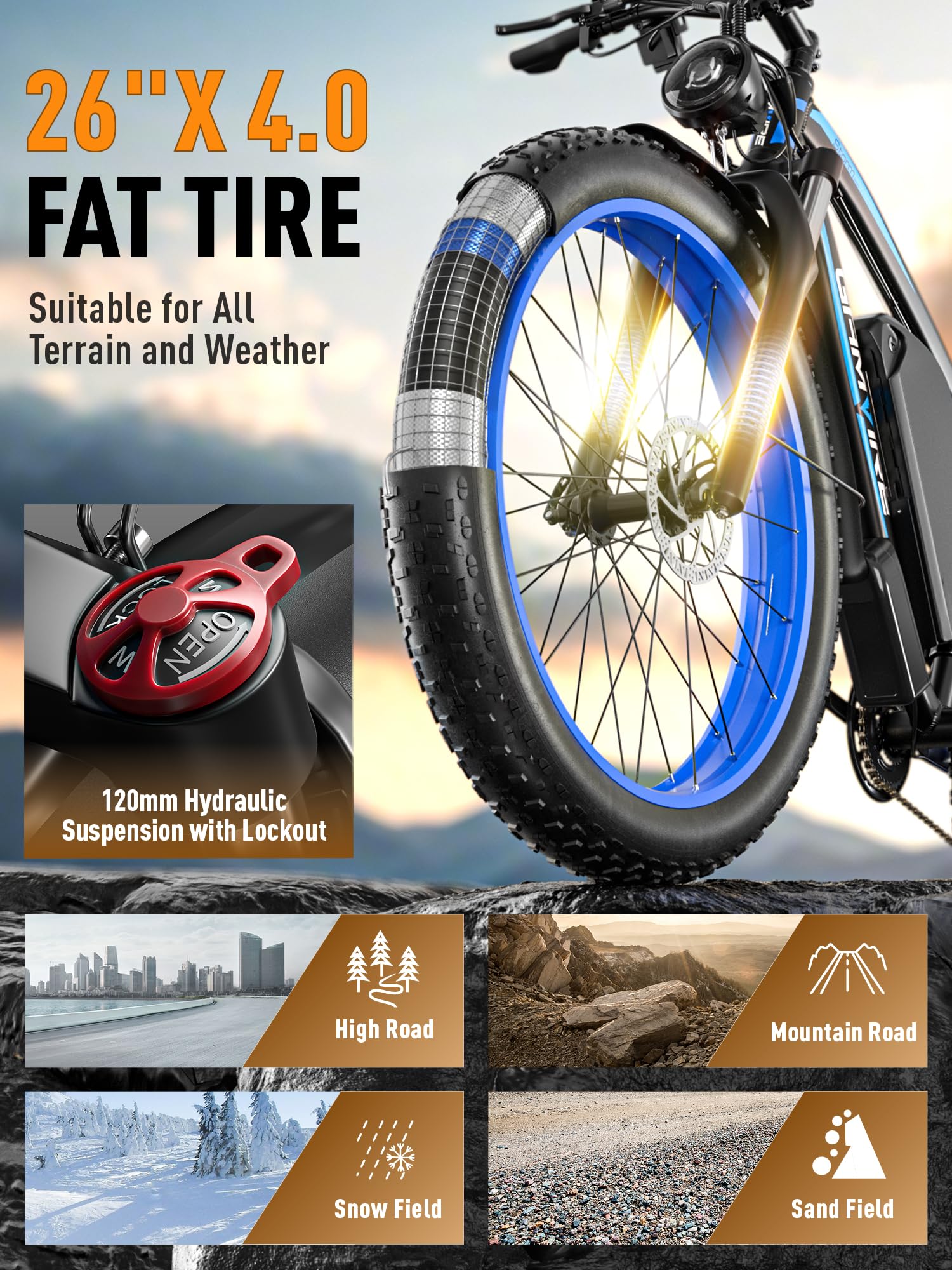 E-Bike für Erwachsene, 26 Zoll Fat Tire Elektrofahrrad, 52V 19,2Ah Akku, bis zu 120 km Reichweite, 250W Motor mit 90Nm Drehmoment, Hydraulische Scheibenbremsen, 21-Gang, für Pendeln & Freizeit