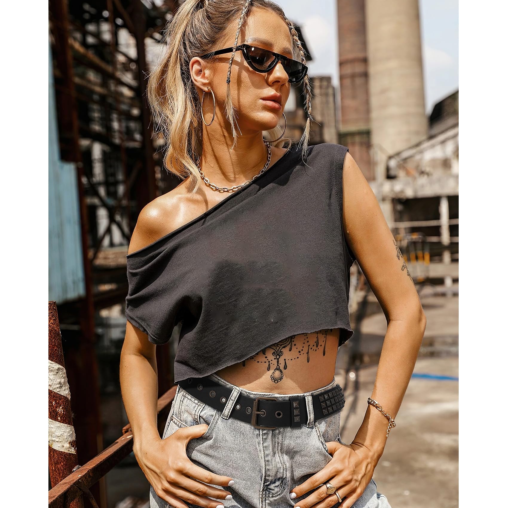 WHIPPY Women Men Rivet Studded Belt Row Pyramid Square Bead PU Faux Leather Punk Rock Grommet Belt for Jeans,Gold Black,M